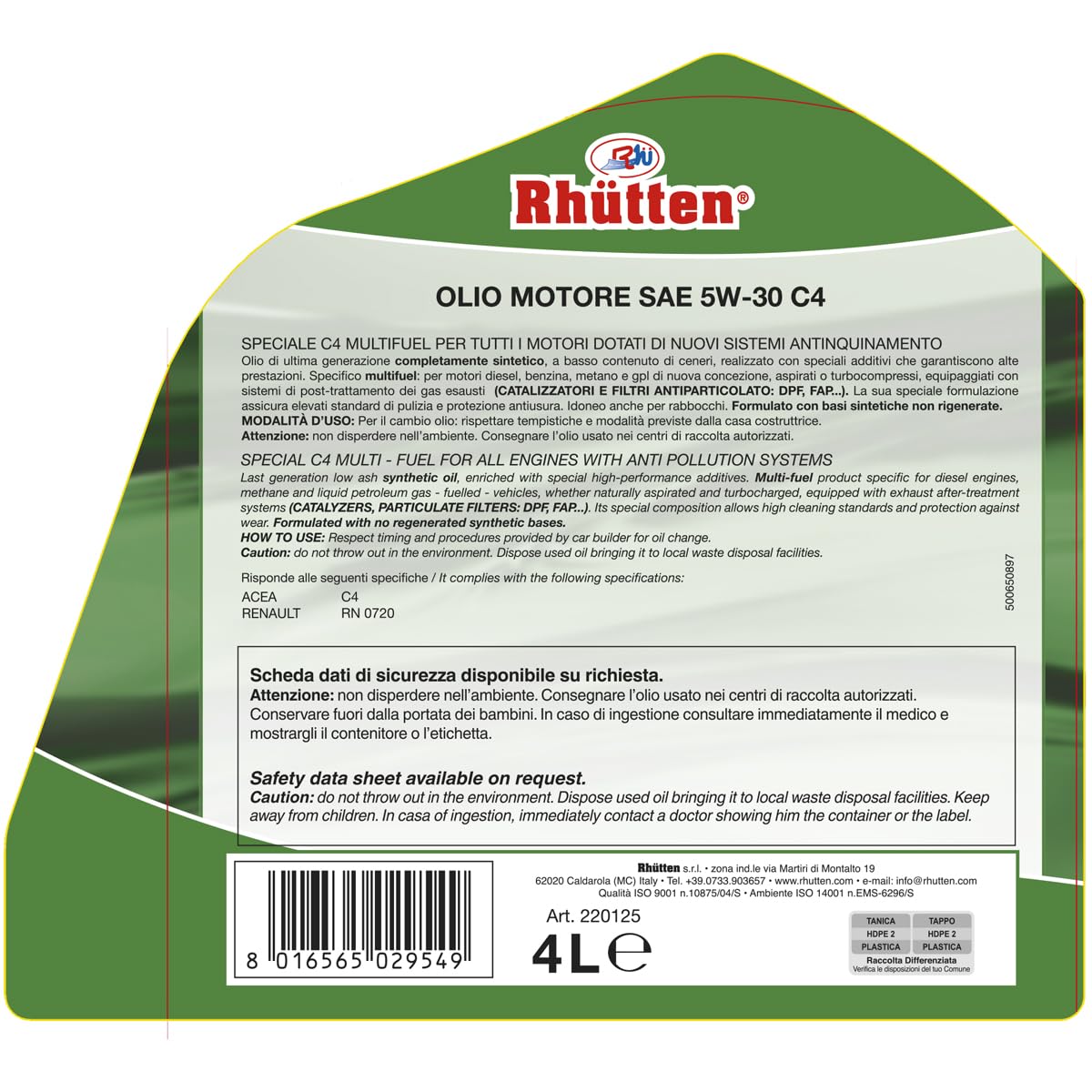 Olio Motore Rhutten, Sintetico, 5W-30 C4 4L