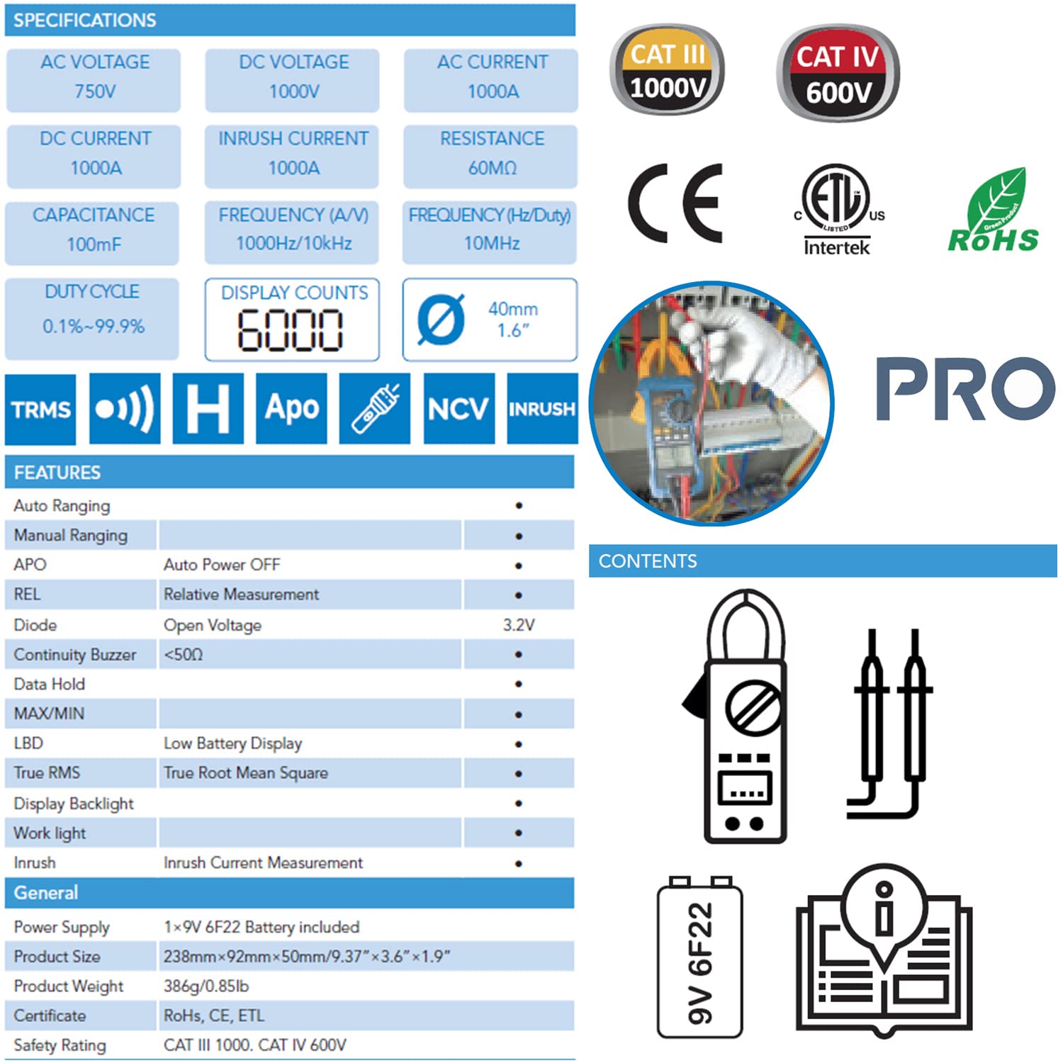 C-LOGIC 8500 Pinza Amperimétrica Digital Profesional TRMS Corriente AC/DC/Inrush 1000A Tensión AC 750V DC 1000V 6000 Cuentas NCV y Luz de Trabajo Resistencia Capacitancia Frecuencia CAT IV