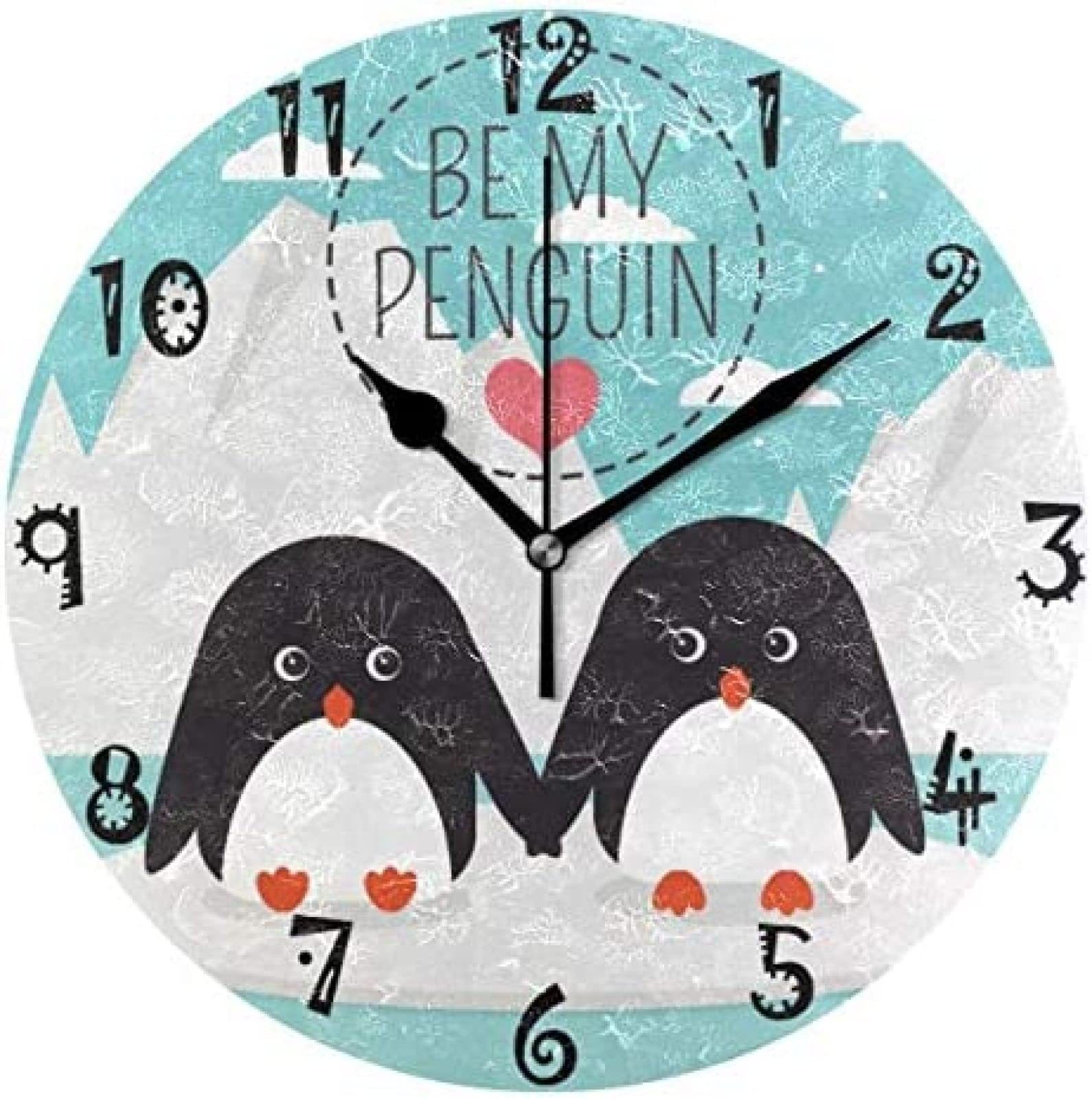 Art Ice Love Penguin Heart Circular Wall Clock Round Plate Silent Non Ticking Clock For Kitchen Bedroom Home Office School Kid Boys Girls Clocks Decor