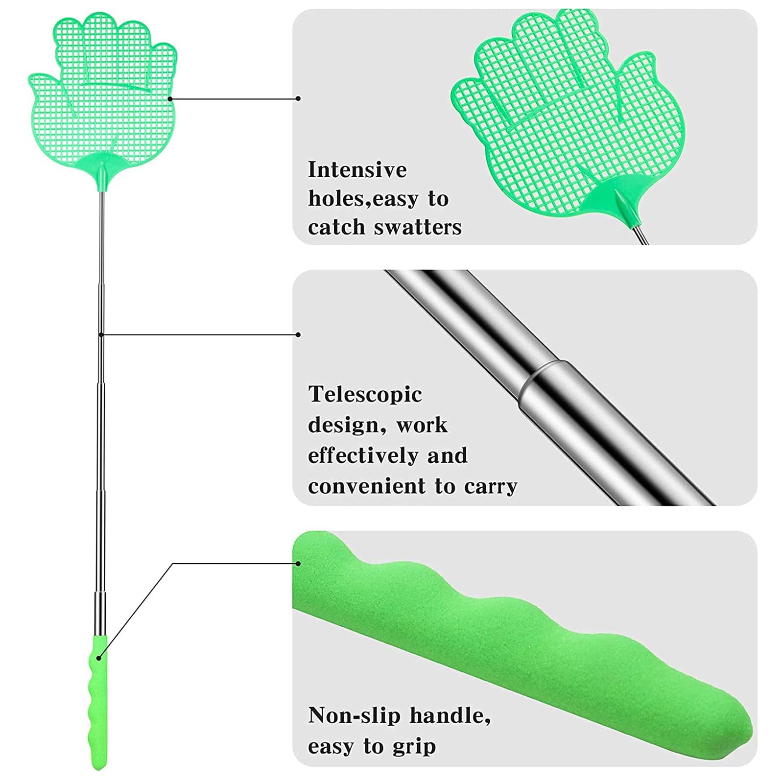 4Pezzi Scacciamosche Estensibile,Paletta Mosche,Portatile Scacciamosche Plastica,Scacciamosche Manuale con Flessibile Durevole Maniglia Telescopica in Acciaio Inox per Casa Mosche Zanzare Insetti