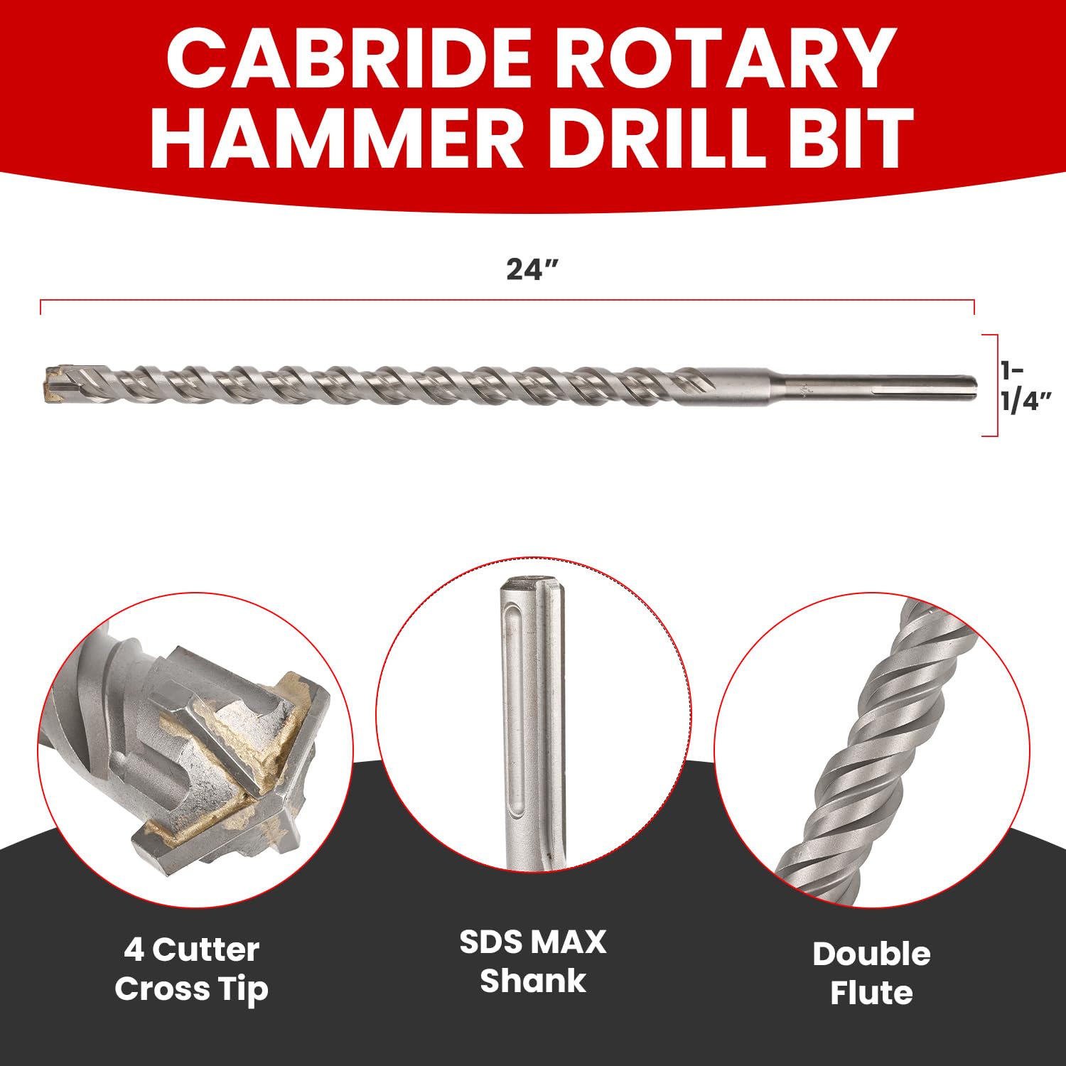 1-1/4" X 24 in SDS MAX Bits, Rotary Hammer, Carbide, Masonry Drill Bits for Concrete, Stone and Brick, SDS MAX Hammer Double Flute, Concrete Drill Bit