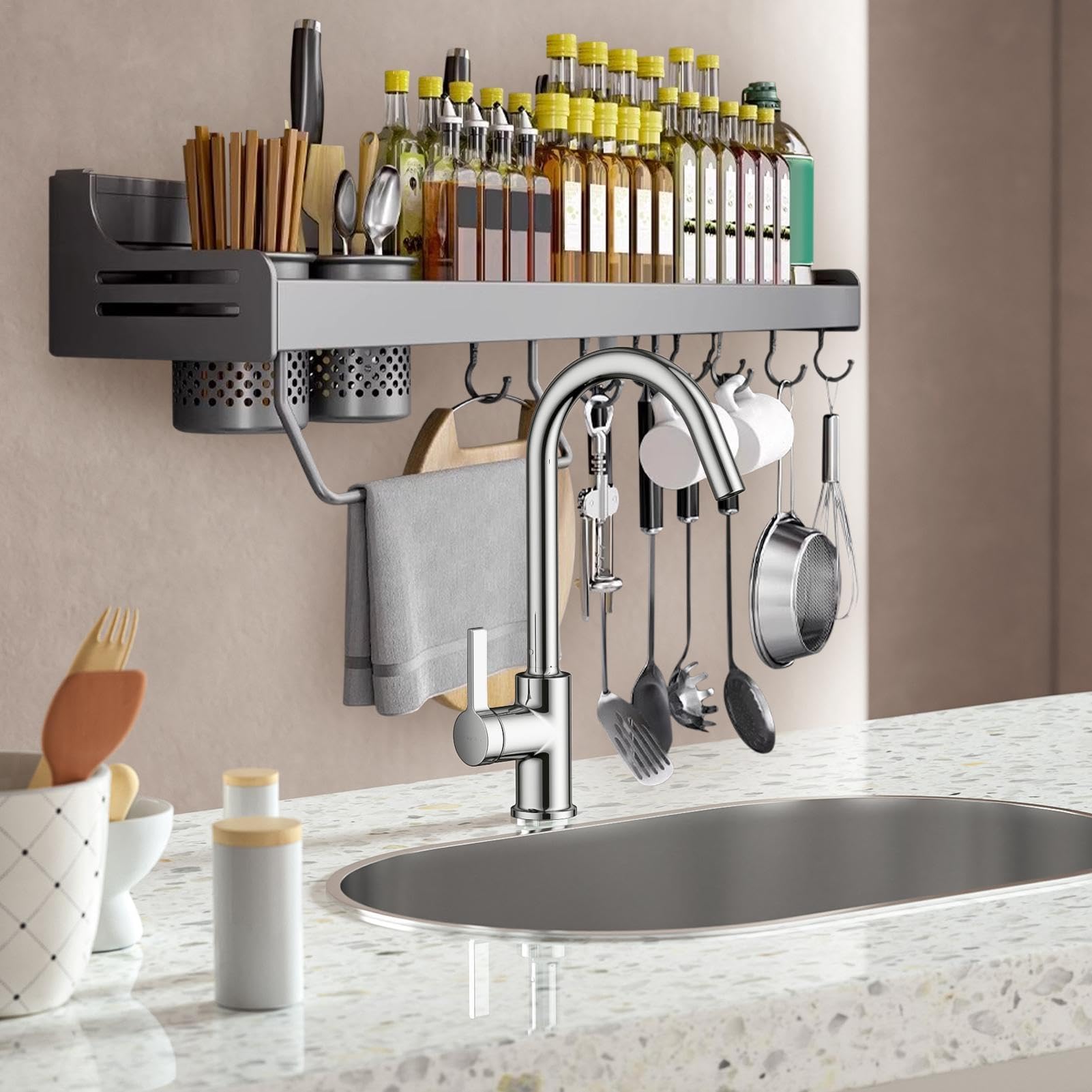Estante de especias de pared para cocina, almacenamiento multifuncional para baño, lavandería, balcón, ahorro de espacio, esencial de cocina, estante elegante y para especias