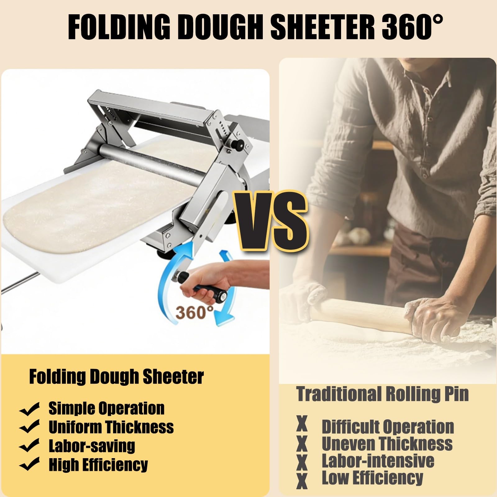 Tragbare, Faltbare Teigausrollmaschine mit Einstellbarer Teigstärke | Von 0–25 mm, Professionelle Teigausrollmaschine für Croissants und Pizzabäckereien(A300)