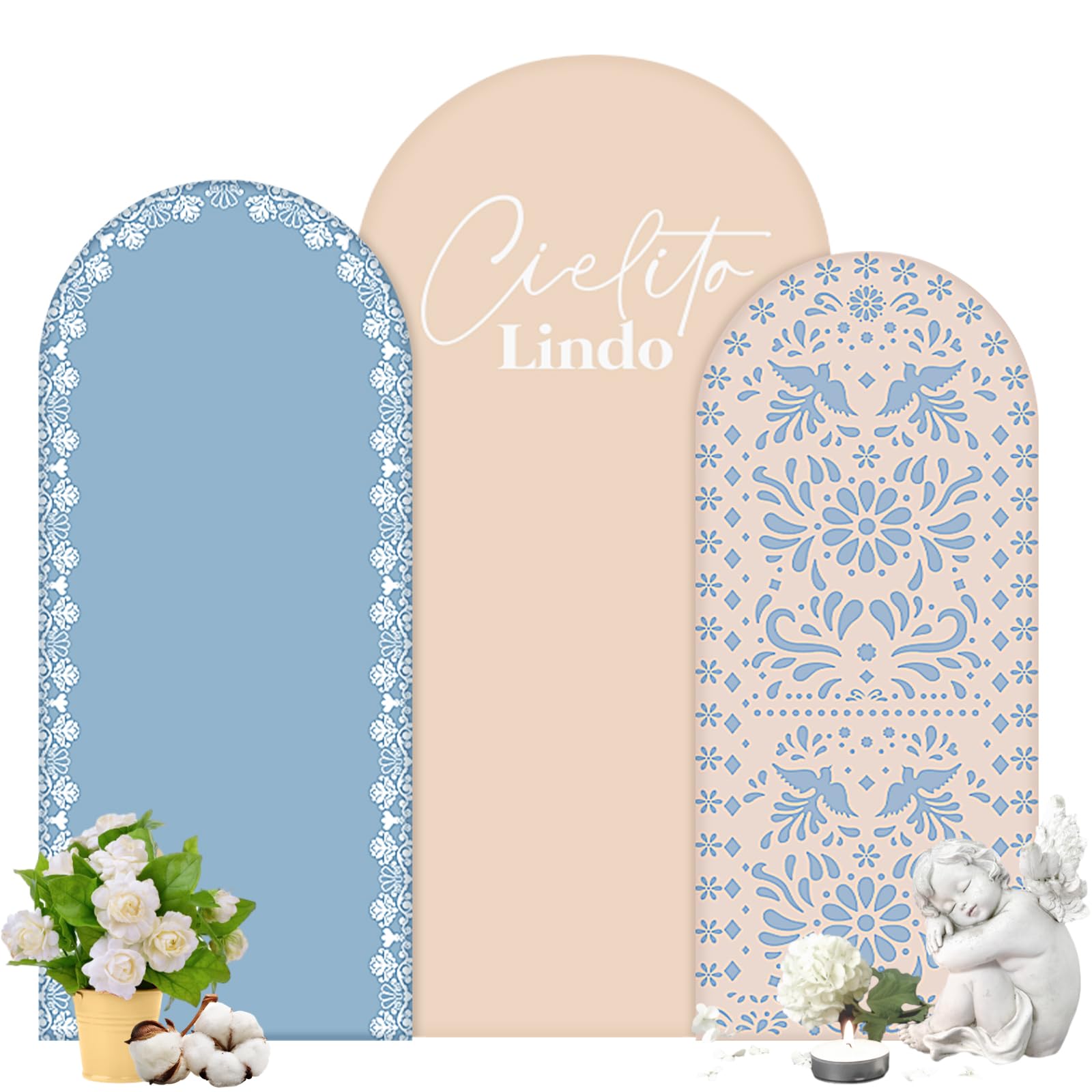 Photo 1 of Chunful 3 Pcs Mexican Arch Backdrop Cover Baby Shower Photo Background Decor 2-Sided Round Top Cute Backdrop Arch Cover for Mexican Wedding Birthday Fiesta Party Decoration 6 ft/5 ft/4 ft (Brown-Blue)