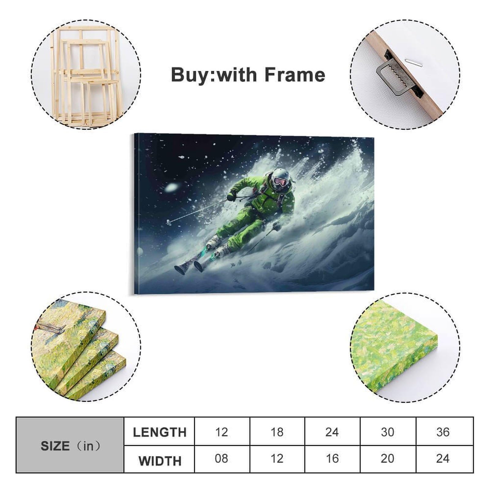 Sci Aventurista Azione Pezzo Singolo Green Gear Skier Rushing nevey Mountain Slope Arte Su Tela Per La Sala Da Pranzo Pronto Da Appendere Punto Focale Decorazione Per Interni Elegante 20x30inch(50x7