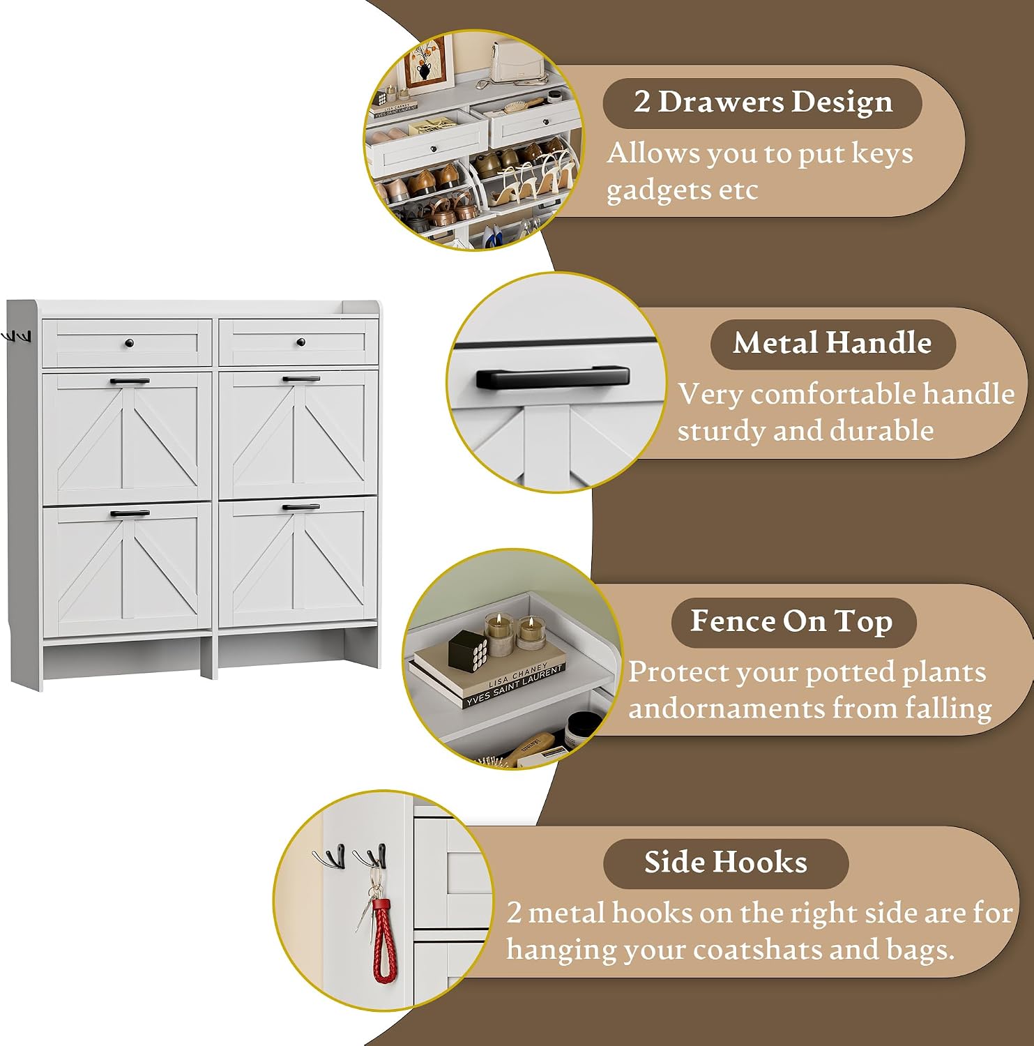 BORNOON Shoe Storage Cabinet for Entryway, Farmhouse Wide Shoe Cabinet with 4 Flip Drawers and 2 Top Drawers, Freestanding Organizer with Adjustable Shelves, Hooks, and Anti-Tip Kit for Hallway