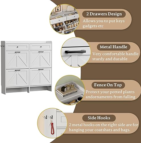Miniatura 5 de Armario de almacenamiento de zapatos para entrada, armario ancho de casa de campo con 4 cajones abatibles y 2 cajones superiores, organizador