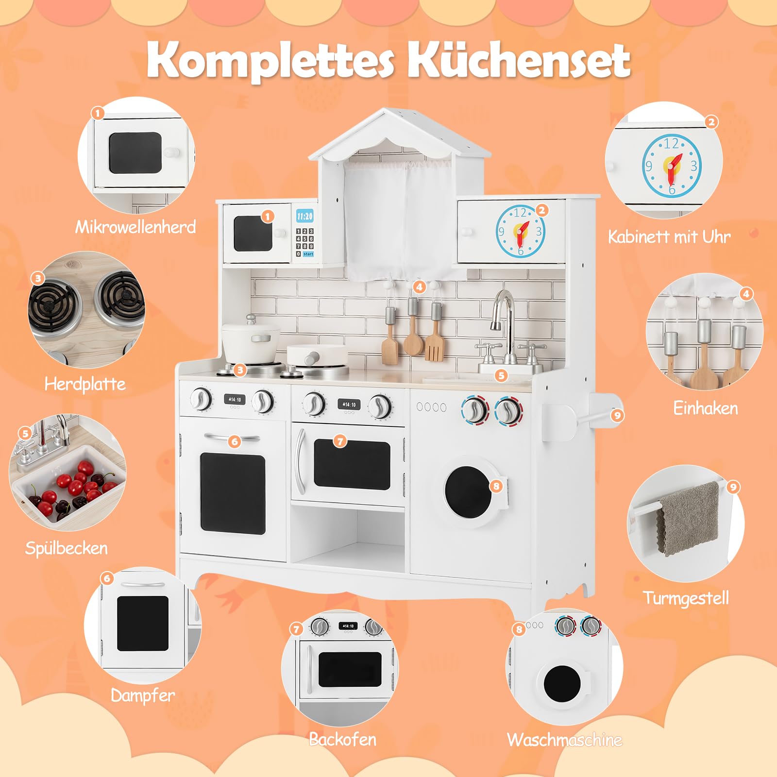 GOPLUS Kinderküche aus Holz, Holzküche Spielküche mit Waschbecken, Herd, Backofen, Mikrowelle & Waschmaschine, Kinderrollenspiele für Kinder inkl. Spielzubehör, 78 x 29 x 93cm