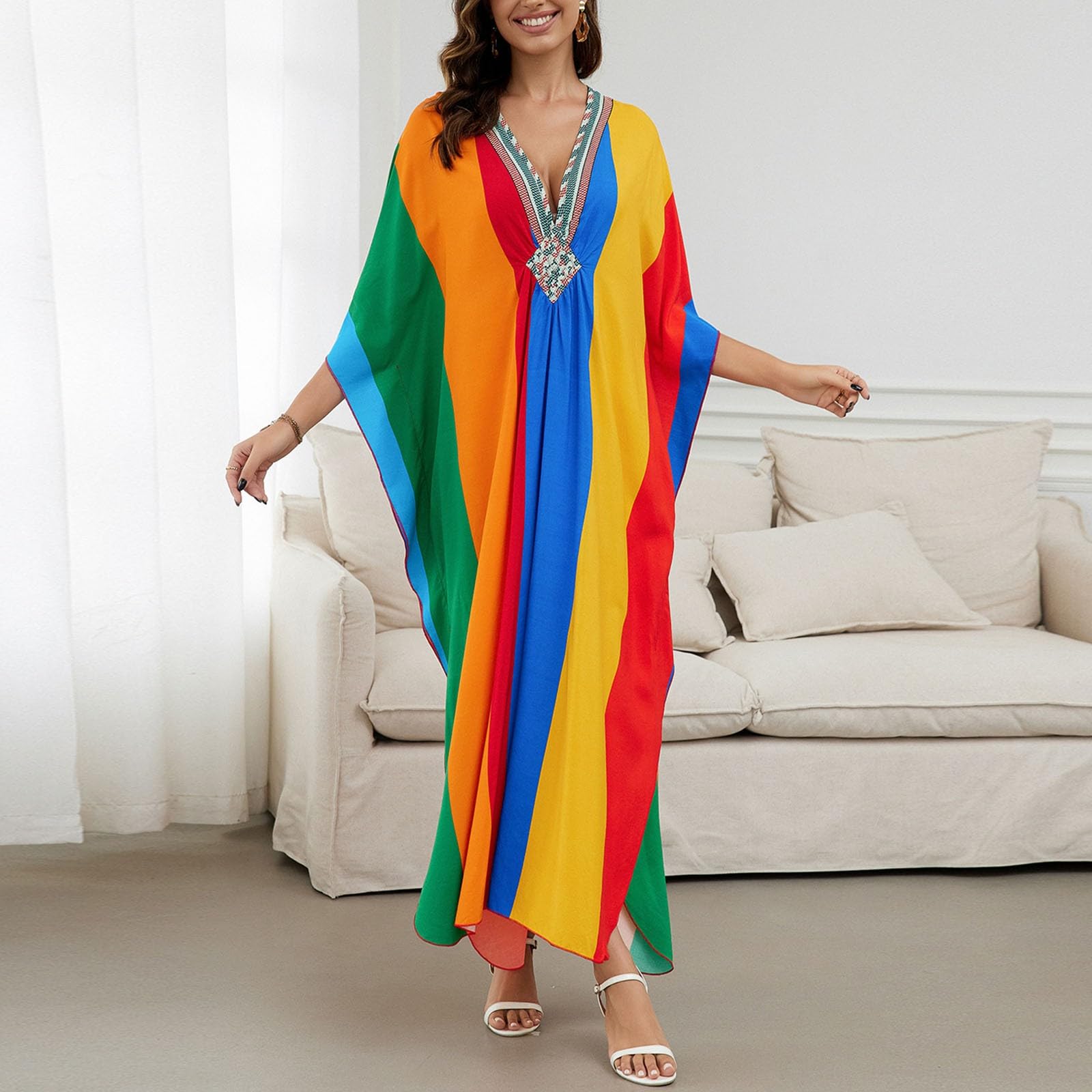 Caftano da donna in stile bohémien, maxi cardigan oversize, abito da spiaggia, abito lungo, kimono, costume da bagno, copricostume estivo, poncho da spiaggia, costume etnico tradizionale