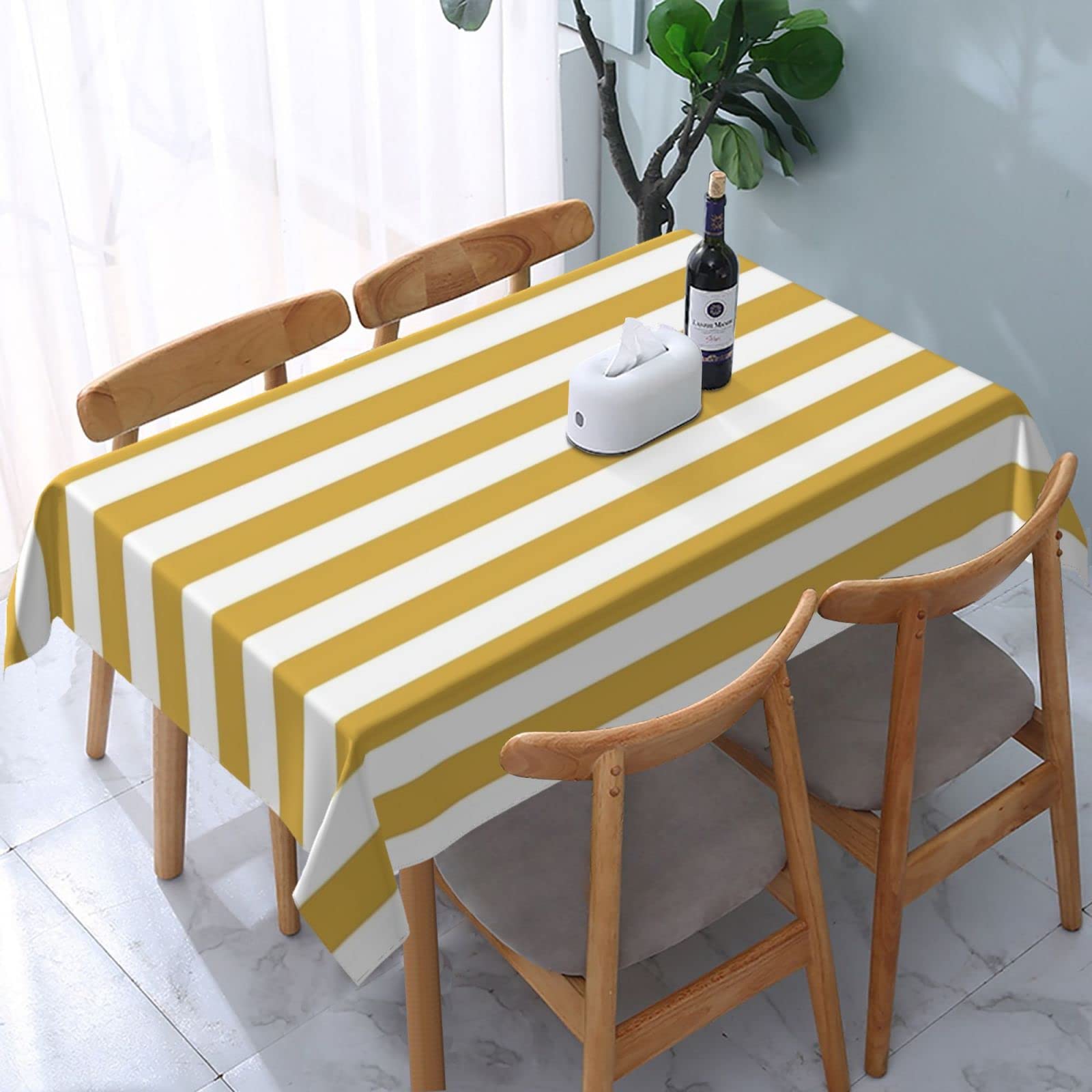 ReesEt Large Yellow And White Cabana Stripe Rectangle Tablecloth Dust-Proof Tabletop Decoration Wrinkle Resistant Table Cover - 137 x 183 cm