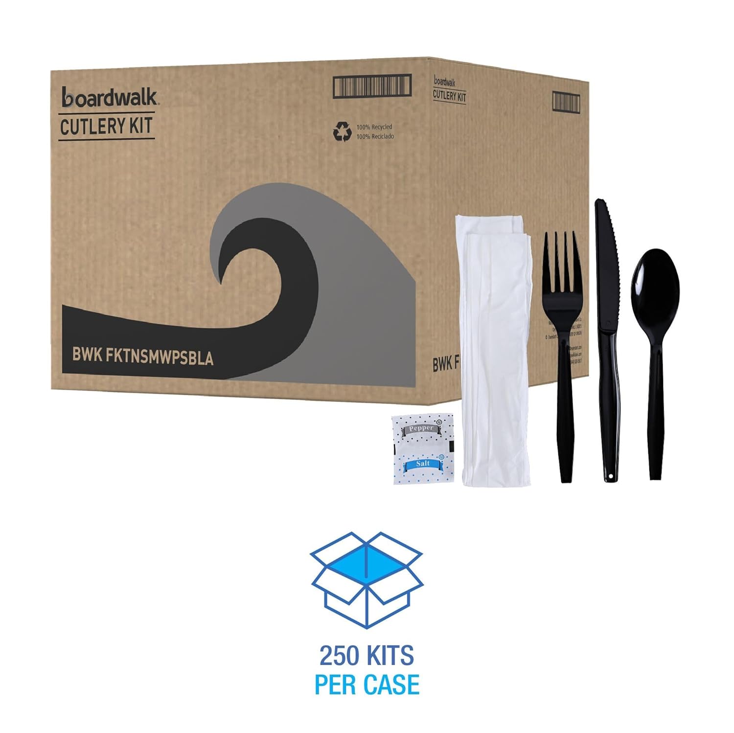 Boardwalk Six-Piece Cutlery Kit, Condiment/Fork/Knife/Napkin/Teaspoon, Black, 250/Carton