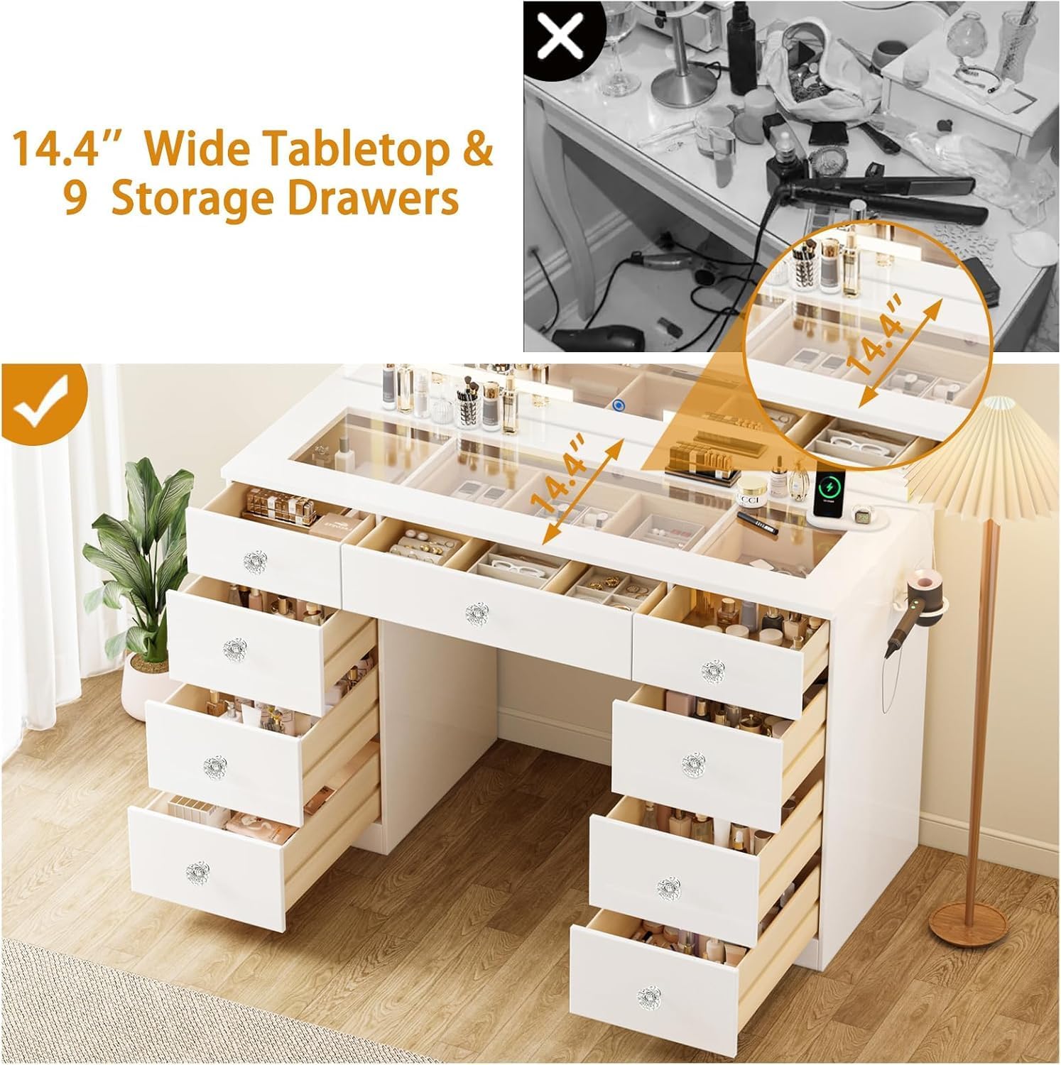 Vanity with Lighted Mirror, Makeup Vanity Desk with Glass Top & 9 Drawers, 46" Makeup Desk with Power Outlet for Bedroom, White