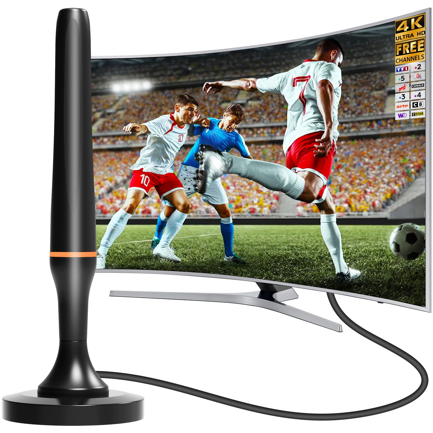 Antenne TV Intérieur Puissante, TNT Signal à Gain Élevé, Réception 360° Longue Portée 500km, Support 4K HD/1080P Chaînes Gratuites