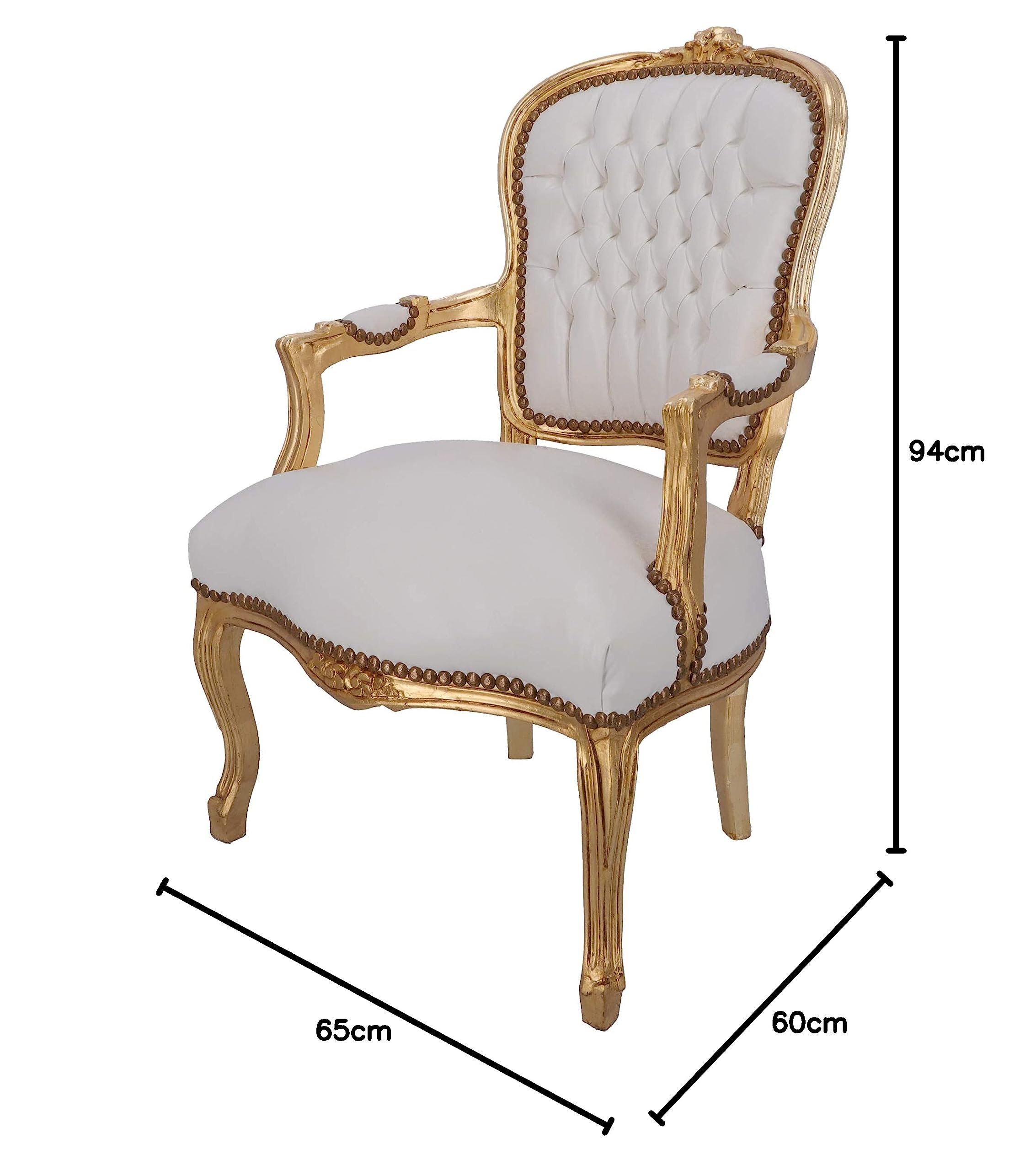 Way Home Store - Fauteuil BAROCCO Luis style français Louis XVI couleur or et simili cuir blanc avec clous -fauteuil entièrement en bois - Dimensions : 60 x 65 x 94 cm