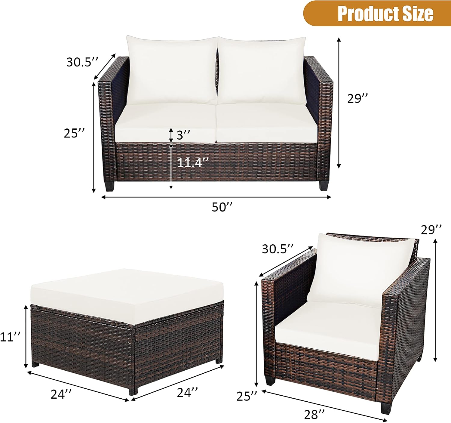 DORTALA 5-Piece Outdoor Patio Conversation Set, Loveseat and 2 Ottoman, Outdoor Sectional Rattan Sofa Set, Multifunctional Rattan Furniture Set Suitable for Backyard Garden Poolside Balcony, White