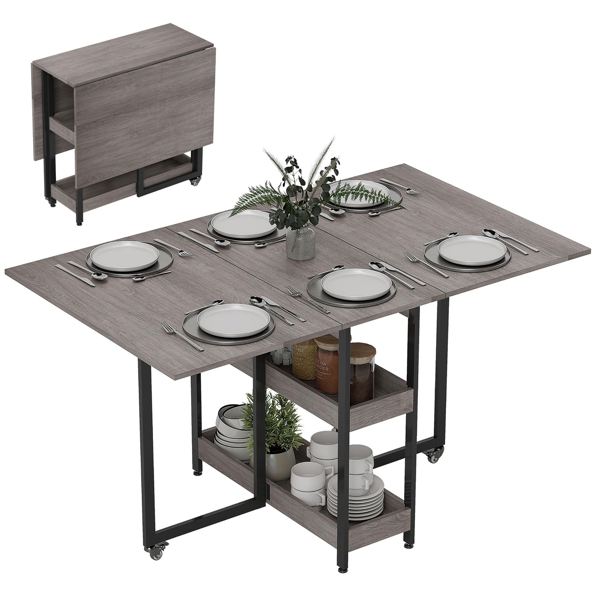 HOMCOM Folding Dining Table - Drop Leaf - Grey - Open Compartments - Space Saving