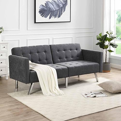 Sofá cama futón moderno de 75 pulgadas, sofá cama convertible con patas de metal, reposabrazosalmohadas, sofá de salón tapizado plegable, sofá
