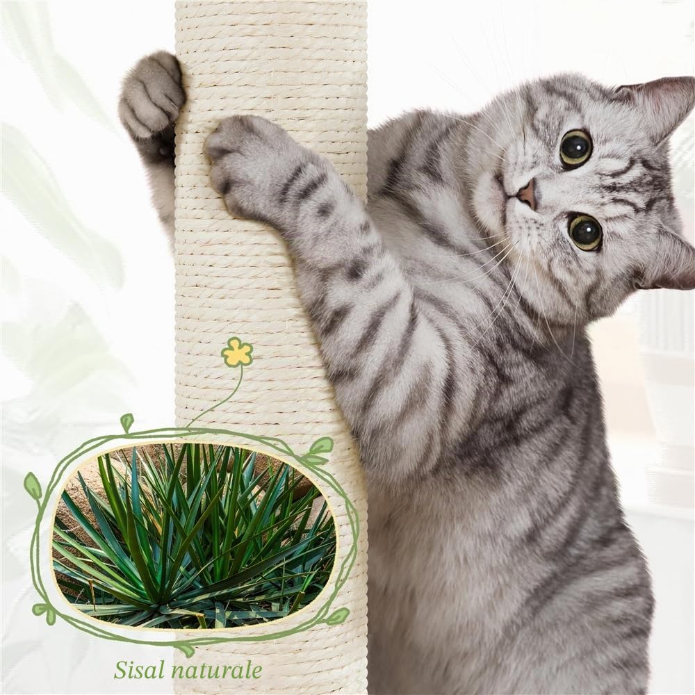 Albero Tiragraffi per Gatti 75 cm Cuccia per Gatti in Rattan Intrecciato PE con Cestino Superiore Rotondo in Sisal e Palla Appesa Beige
