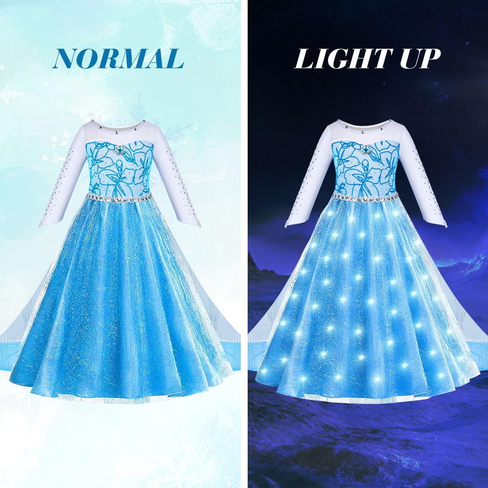 ACWOO Elsa Vestito Set, Costume Elsa Anna Congelamento Bambina Principessa con Corona Bacchetta, LED Luminoso Costume da Principessa per la Halloween Cosplay Party Compleanno Vestito Fantasia