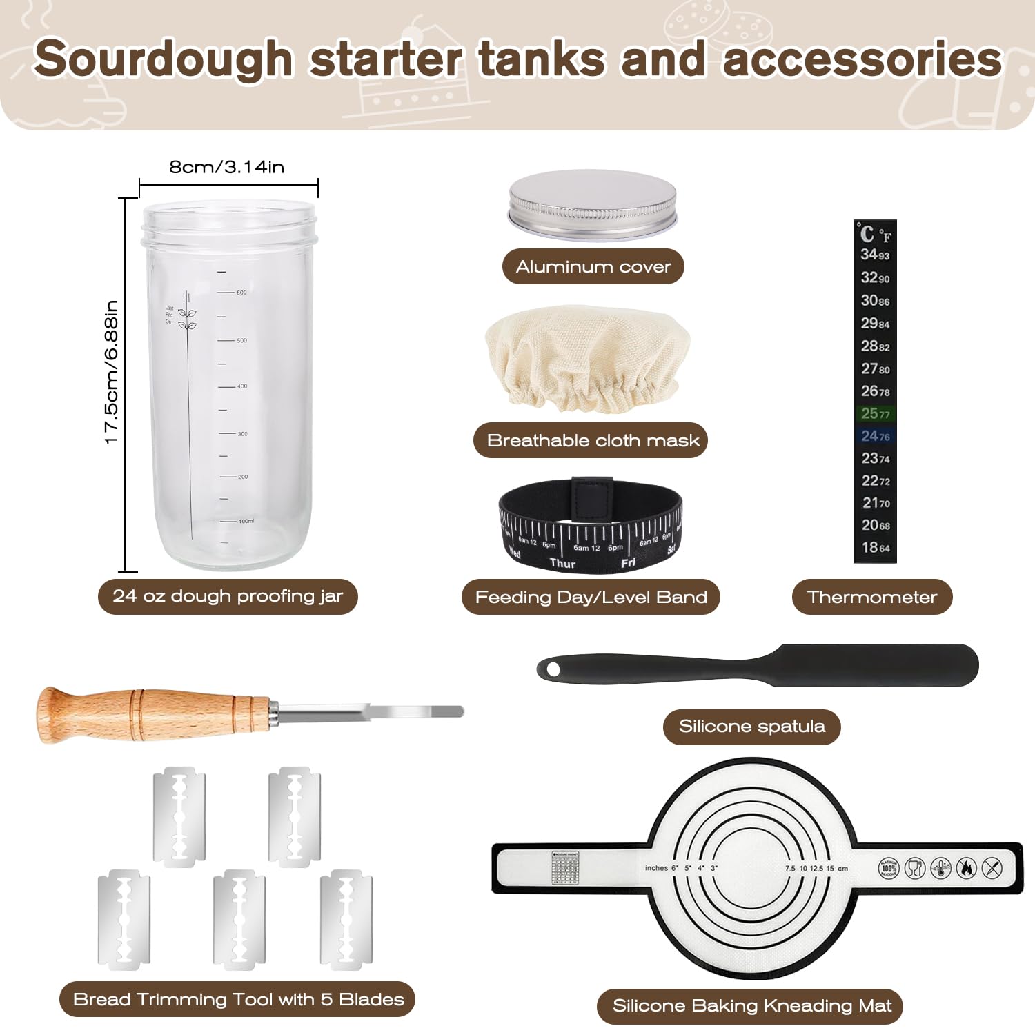 Fzyisw Starter kit per pasta madre da 730 ml, kit di lievito naturale con fascia termometro, fascia per l'alimentazione della data, raschietto, tagliapasta per pane, tappetino da forno e copertura in