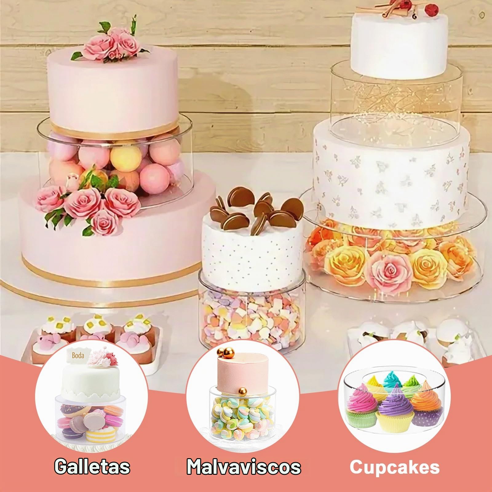 Soporte Acrílico para Tartas, 15cm+25cm Soportes para Tartas Rellenables de Acrílico Transparente con Cadena de Luz Apilables Soporte para Exhibición de Pasteles para Bodas Baby Shower Cumpleaños