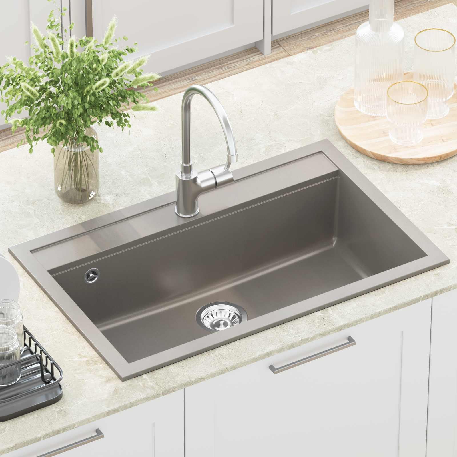 Lavabo gris granito 795 x 505 mm, fregadero de cocina montado sobre encimera con rejilla para cesta de residuos, fregadero resistente a los arañazos, lavabo individual para cocina moderna