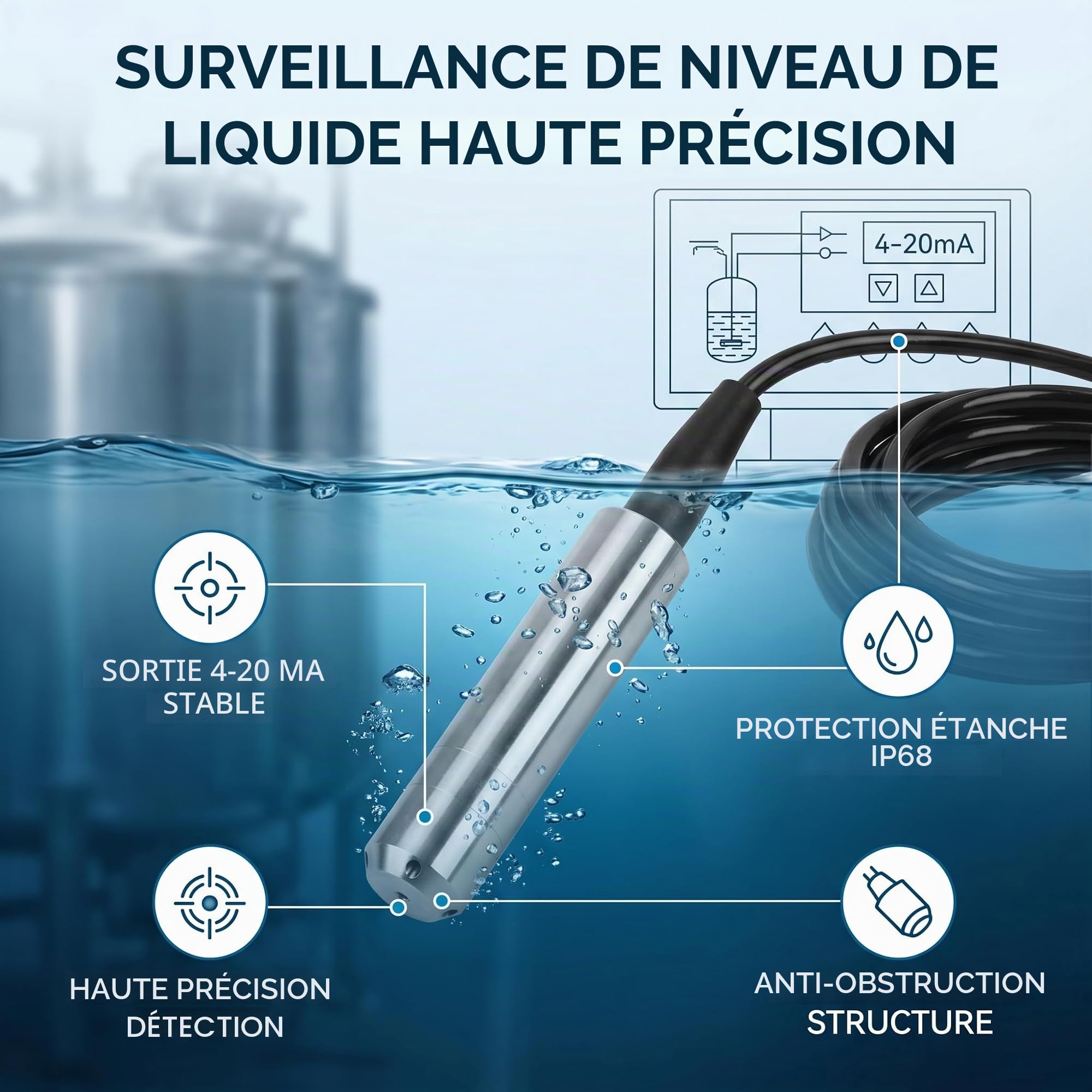 Capteur de Niveau de Liquide 0 1M 12 32V DC 4 20mA Précision 0,2% 0,5% Câble 5 M -40 70℃ for Eau et Huile