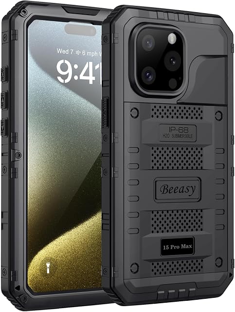 Beeasy for iPhone 15 Pro Max Case Waterproof Heavy Duty Tough Metal Armour Cover Shockproof Dustproof Built-in Screen Protector, Robust Full Body Protective Military Rugged Case for 15 Pro Max 6.7inch