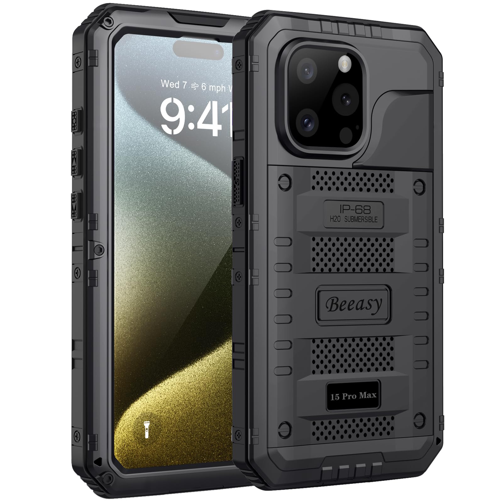 Beeasy for iPhone 15 Pro Max Case Waterproof Heavy Duty Tough Metal Armour Cover Shockproof Dustproof Built-in Screen Protector, Robust Full Body Protective Military Rugged Case for 15 Pro Max 6.7inch