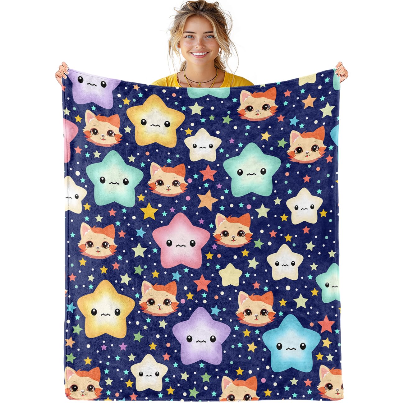 Star Blanket for Kids Cat Blanket for Girls Boys Cute Throw Blankets, Star and Cat Print Blanket for Bed Soft Blanket, Star with Cat Blanket for Adults Warm Blanket for Couch, Blue, 50