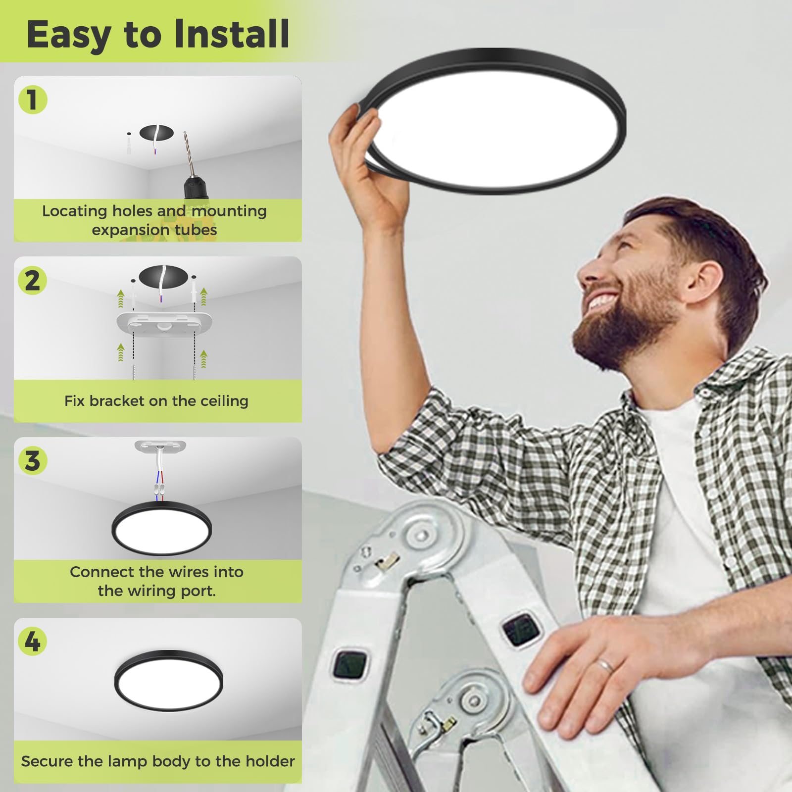 hepside Lot de 2 Plafonnier LED, 3 couleurs - 3000K/4000K/6500K, 29cm IP44 Etanche Lampe plafond,Moderne, Rond, Lampe Salle de Bain Plafond pour Salon,Chambre,Chambre d'enfant,Cuisine,Couloir,Noir