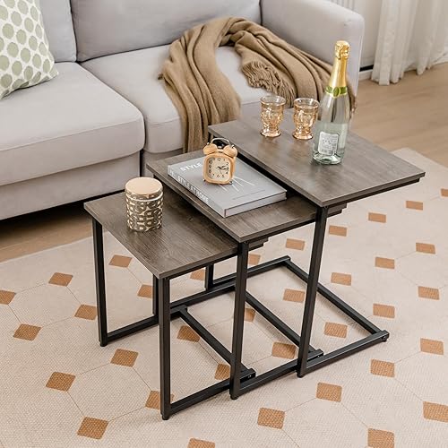 Miniatura 2 de Tangkula Juego de 3 mesas anidables, mesa auxiliar rectangular apilable con parte superior de madera y patas de metal, almohadillas ajustables para