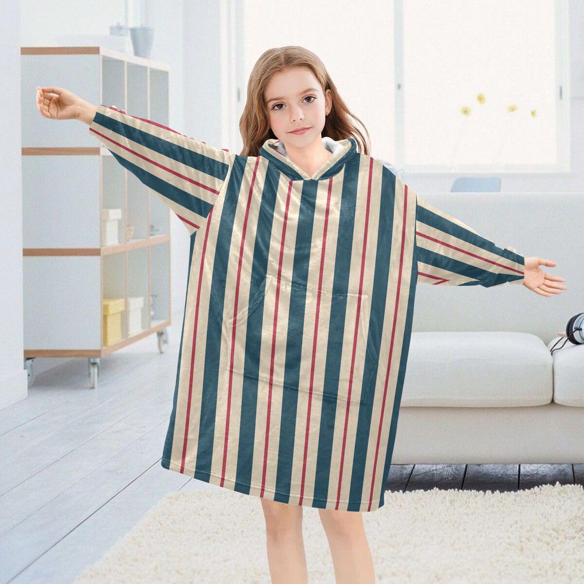 Zielony beżowy czerwony w paski dziecięcy koc do noszenia bluza z kapturem oversize bluza koc sweter abstrakcyjny dla chłopców i dziewcząt w wieku 3-14 lat, multi, 150-170