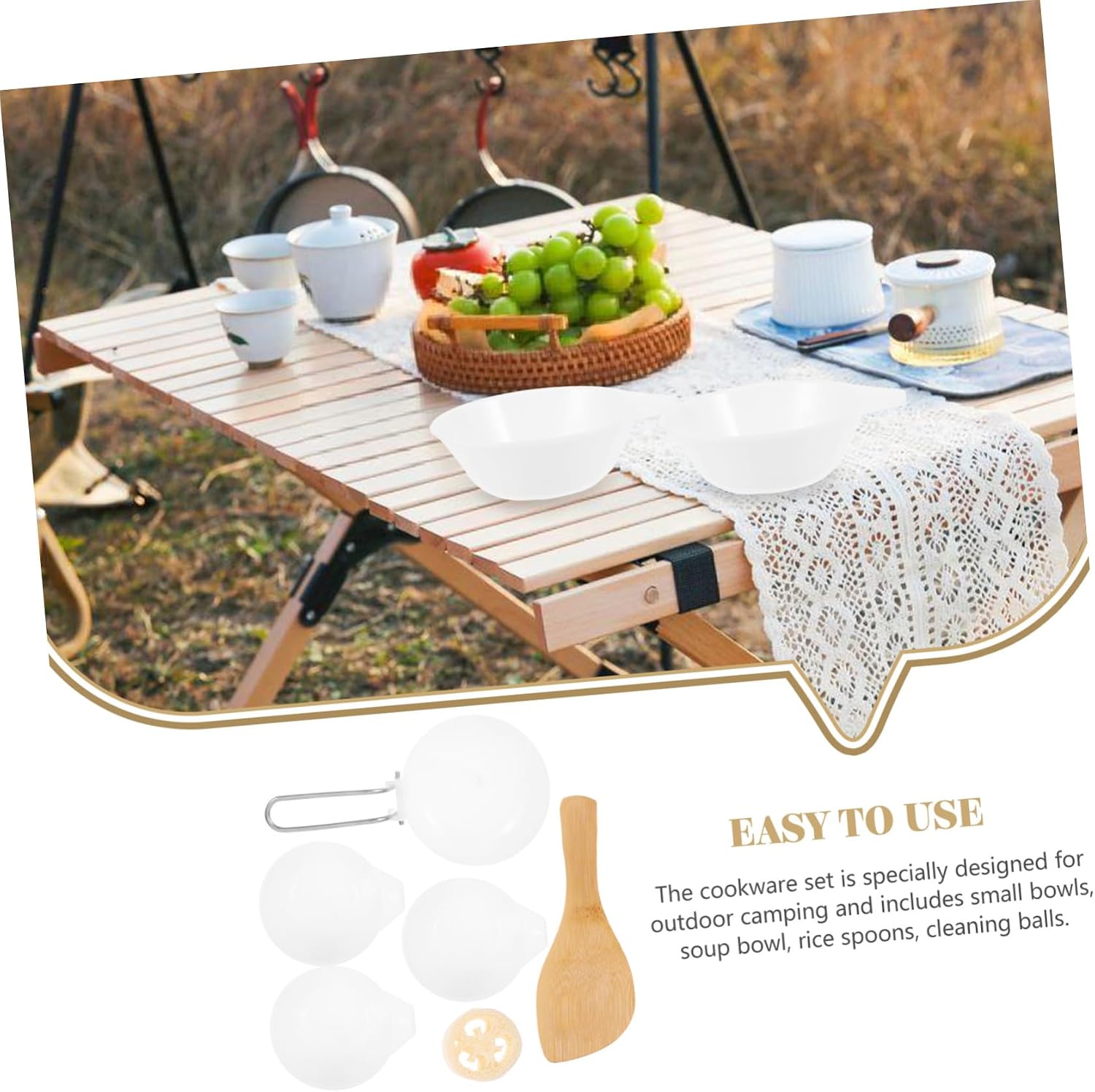 YARNOW Outdoor Cooking Bowl Picnic Cookware Kit Camping Cookware Set Soup Bowl Rice Spoon Utensils Cleaning Ball Reusable Plastic