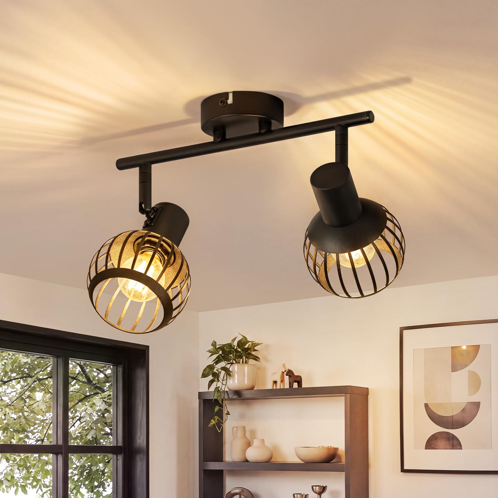 ZMH Deckenstrahler 2 Flammig Vintage Deckenlampe Schwarz Deckenleuchte E14 | Flurlampe Schwenkbar 350°Industrial Retro Metall Käfigform Design für Küche,Wohnzimmer,Schlafzimmer Max25W(Ohne Leuchtmittel)