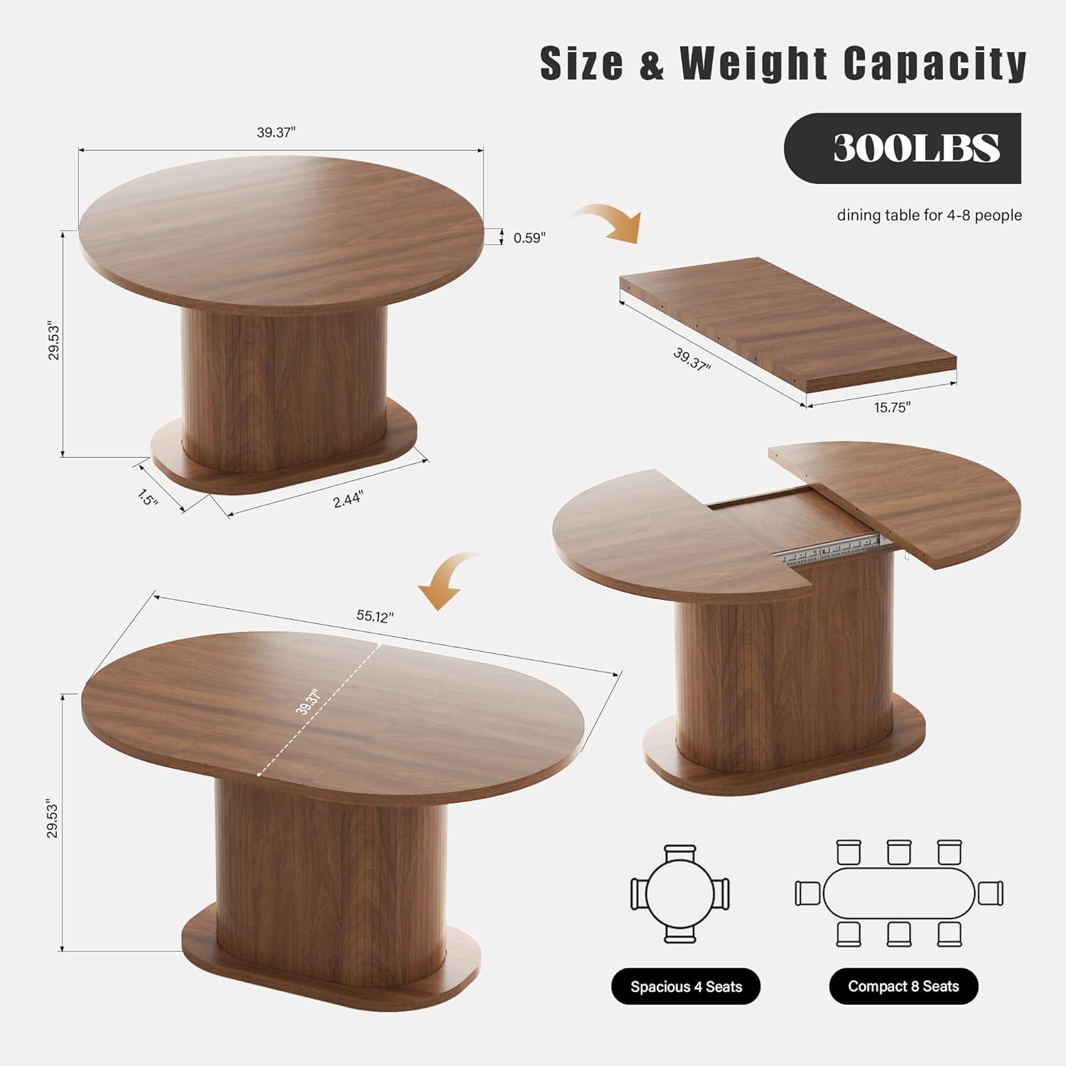 PatioPerk Round Extendable Dining Table for 4-8 People, 39.37'' to 55.12'' Expandable Wood Dining Table with Removable Leaf, Space Saving Modern Kitchen Table with Pedestal Base, Walnut