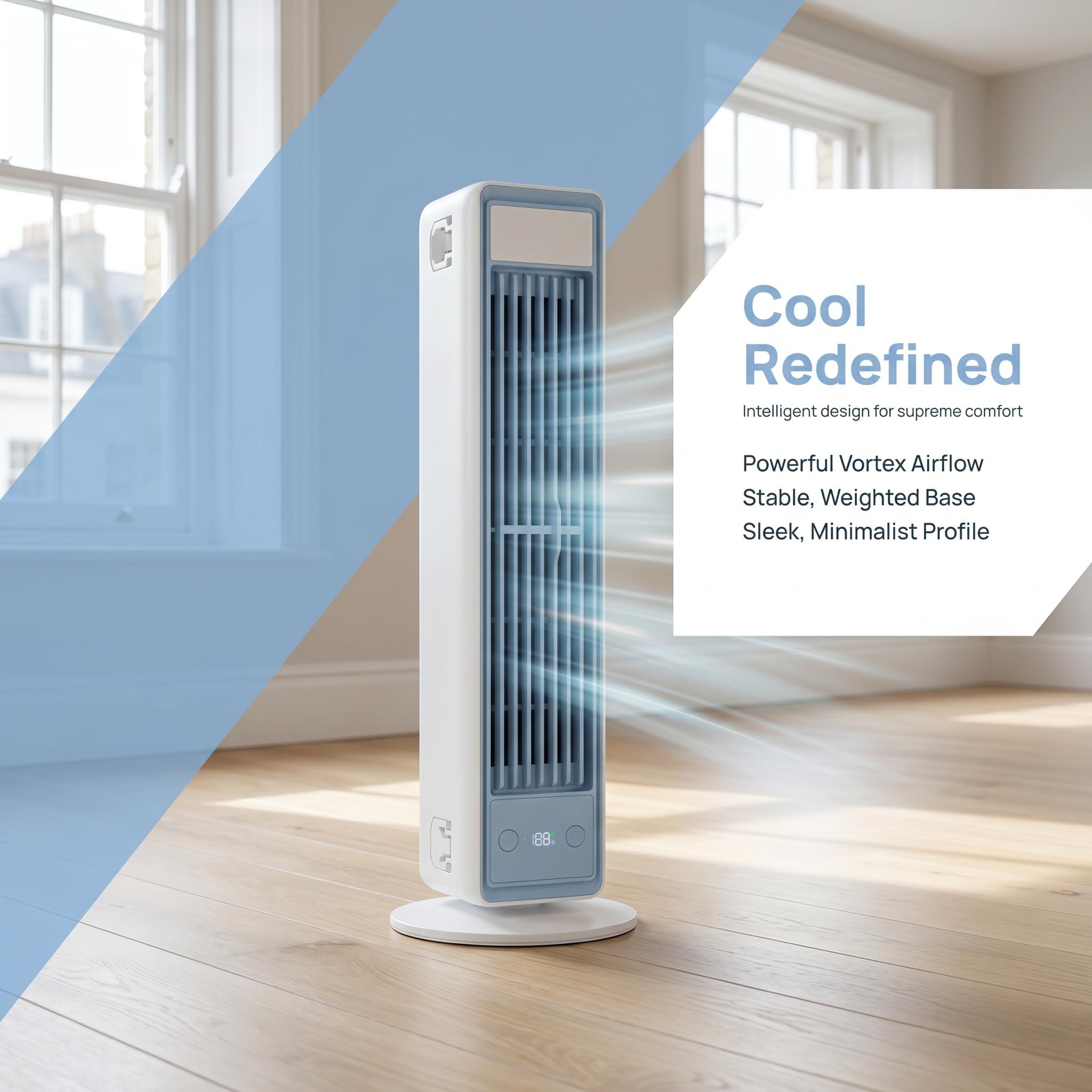 Ventilatore a Torre Silenzioso, Raffreddamento Potente 8 m/s, Telecomando Omni, Ventilatore Oscillante 48.8° con Display LED e 5 Velocità, 60% di Risparmio Energetico, per Casa e Camera