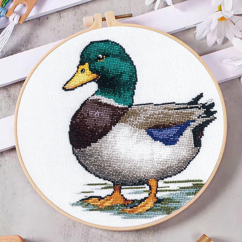 DIY Cross Stitch Kits Wild Duck Mallard Easy for Beginners with Hoop 11CT Needlepoint Embroidery Stamped Counted Cross Stitch Set Craft Wall Decor 20x20cm-2