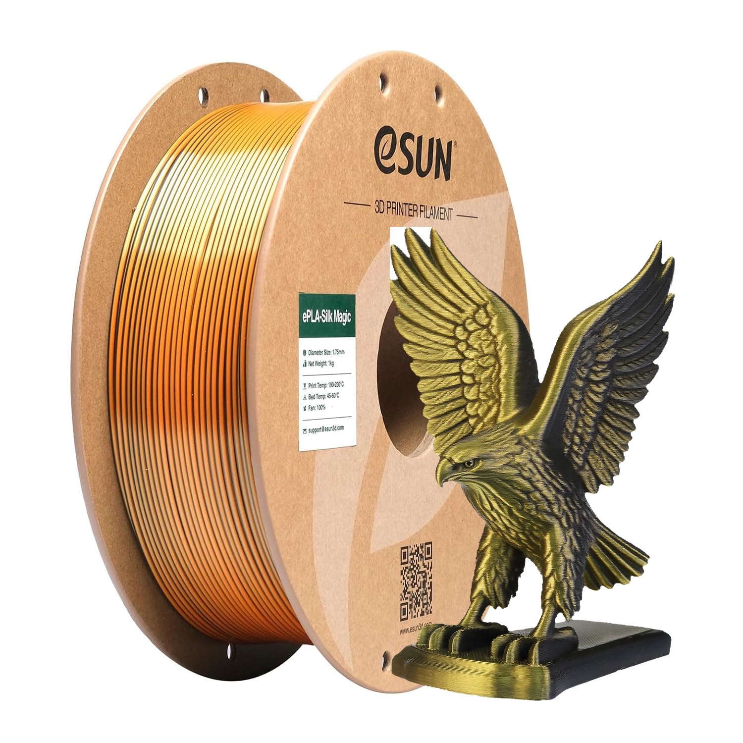eSUN Silk Filamento PLA a doppio colore da 1,75 mm, filamento per stampa 3D in coestrusione Silk Magic PLA, colore sfumato che cambia bobina da 1 kg (2,2 libbre) (Silk Oro Nero, 1KG)