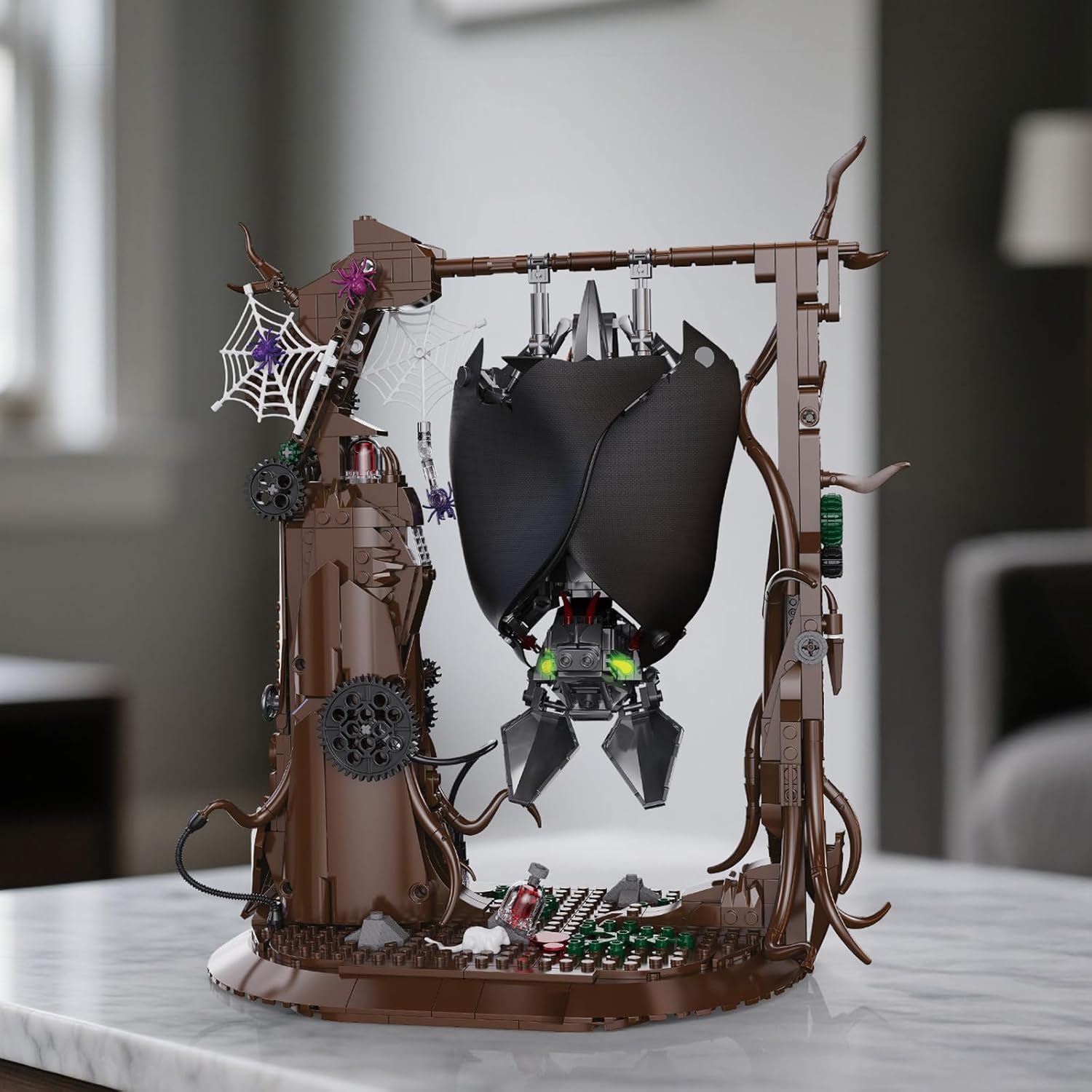 The Vziimo Bat Animal Building Set displayed hanging upside down on its tree trunk stand in a room setting.
