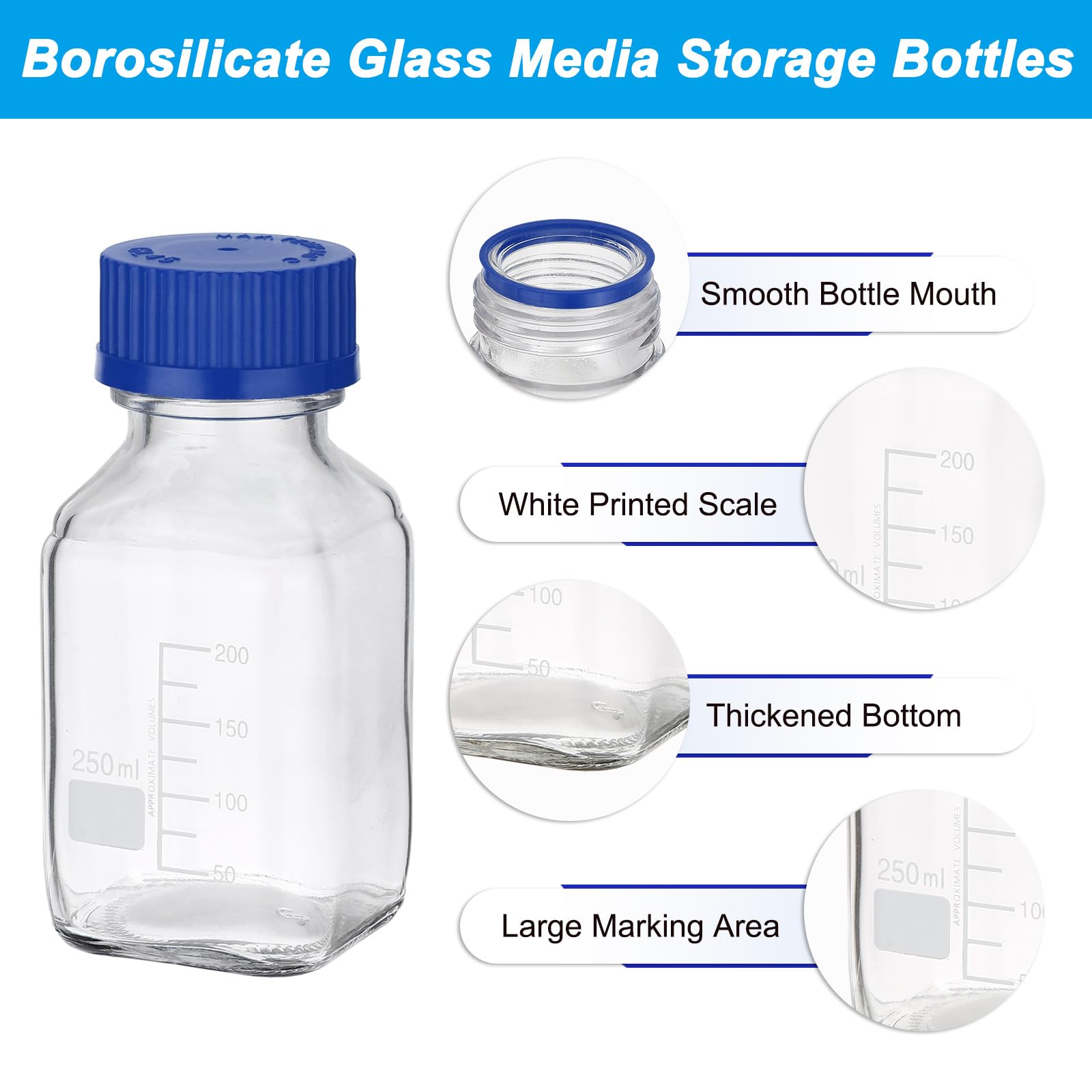 PATIKIL 8er Pack Reagenzgläser Aufbewahrungsflaschen 250ml Borosilikatglas Quadratische Graduierte Runde Flaschen Mit GL32 hellblauer Schraubkappe Für Labor Wasser Reagenzflüssigkeiten