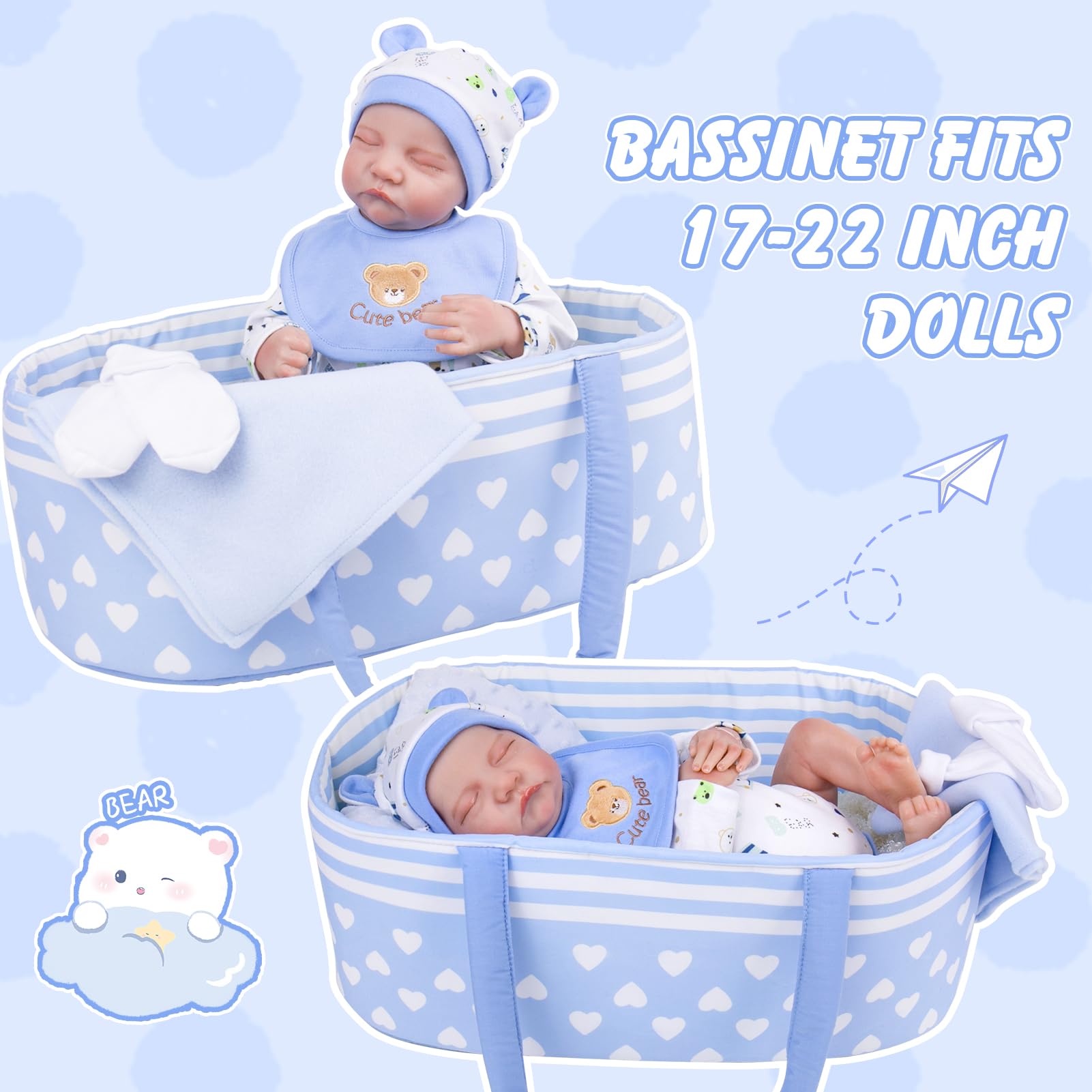 Aori Reborn Baby Dolls Bassinet Baby Doll Carrier Bed Soft Doll Carrier Doll Accessories with Handle for 17-22 inch Baby Dolls Girls (Blue)