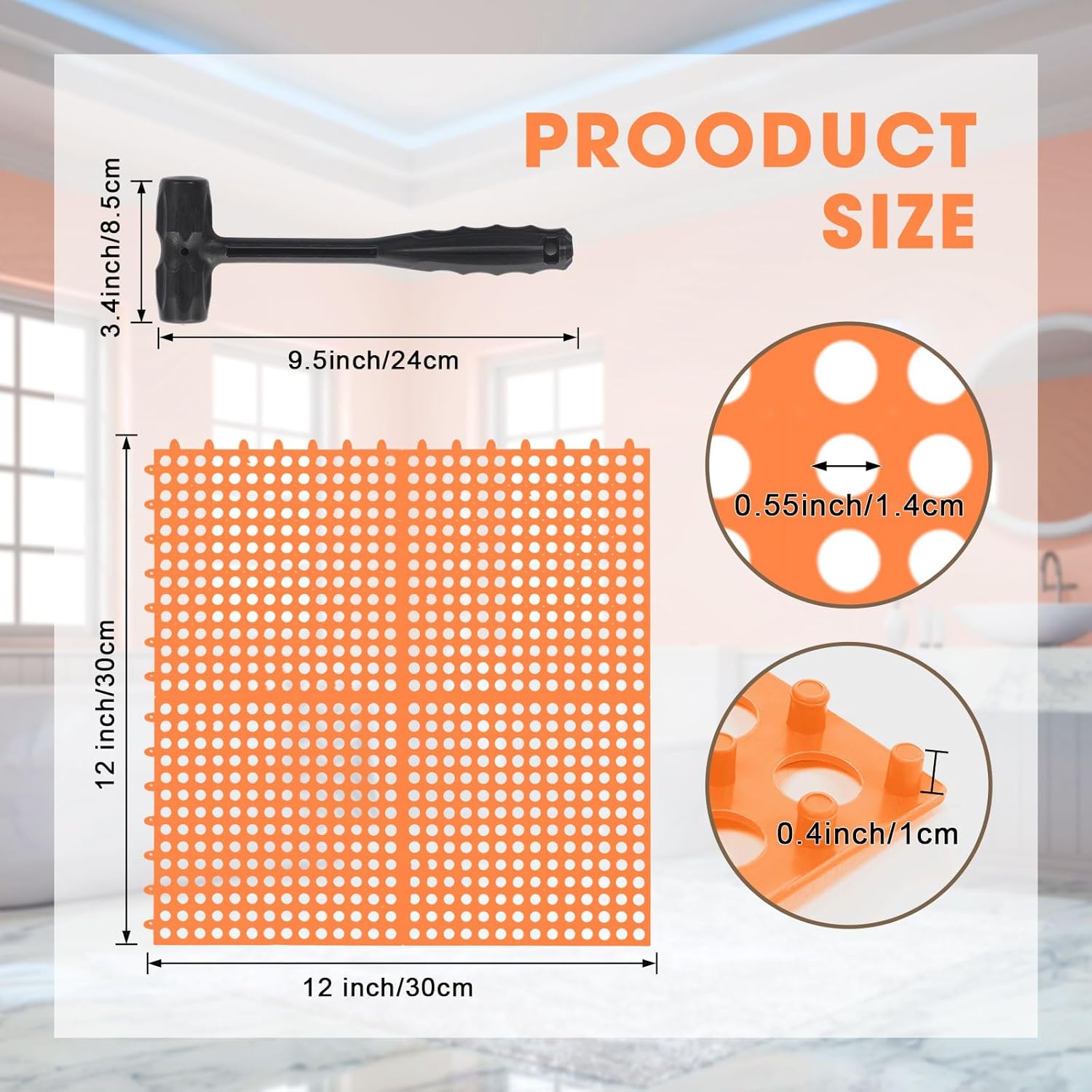 Drainage Tiles Modular Interlocking Floor Tiles with 1 Pc Plastic Hammer 12" x 12" Cushion Mat Non Slip Rubber Floor mat with Holes for Pool Bathroom Deck Kitchen Patio(Orange,8 Pack) - Image 2