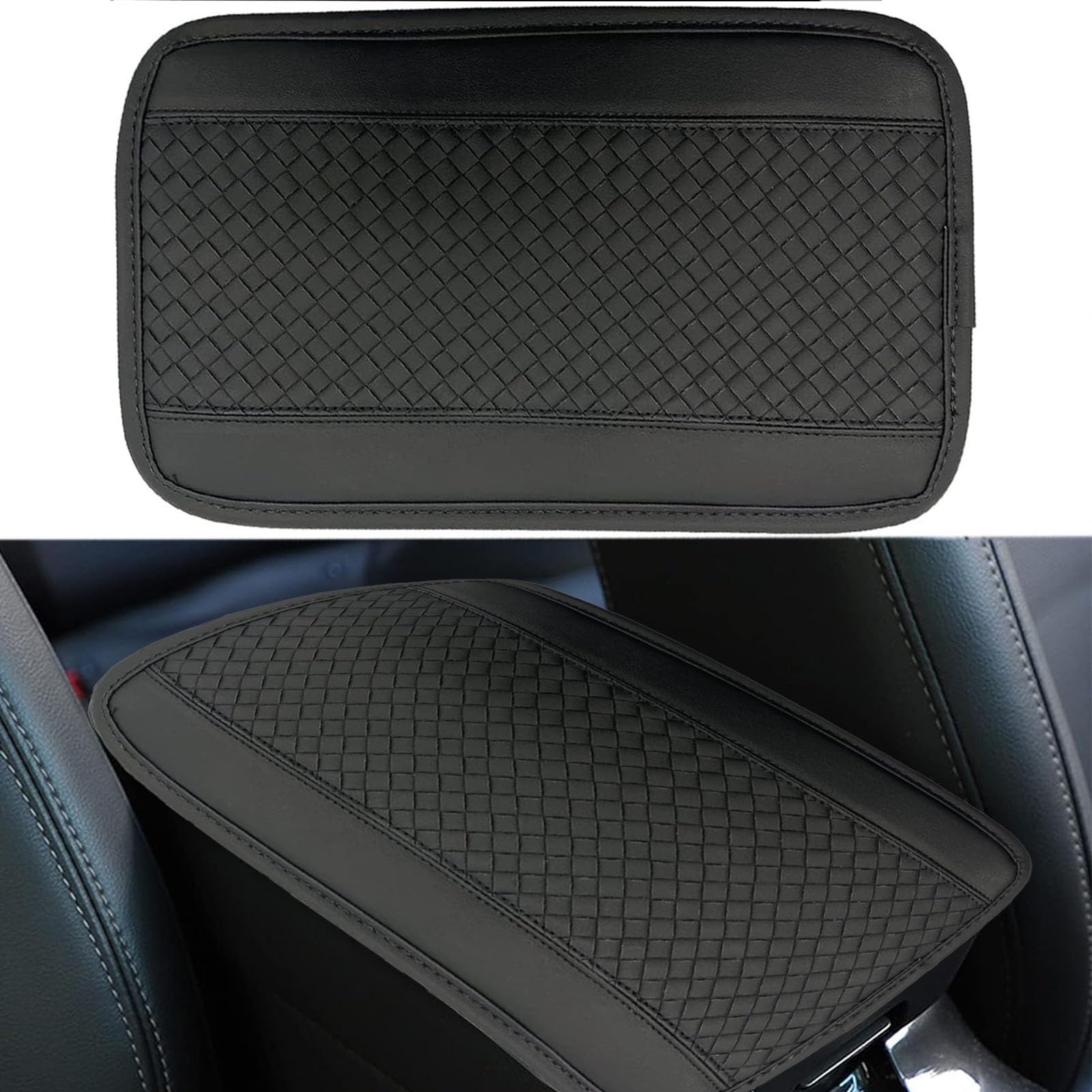 1 PC Car Center Console Armrest Box Mat, 12.59" x 7.48" Spliced Fiber Leather Double Line Embossed Anti-Scratch Mat, Silicone Non-Slip Base Fabric Tool, Suitable for Most Models (Black)