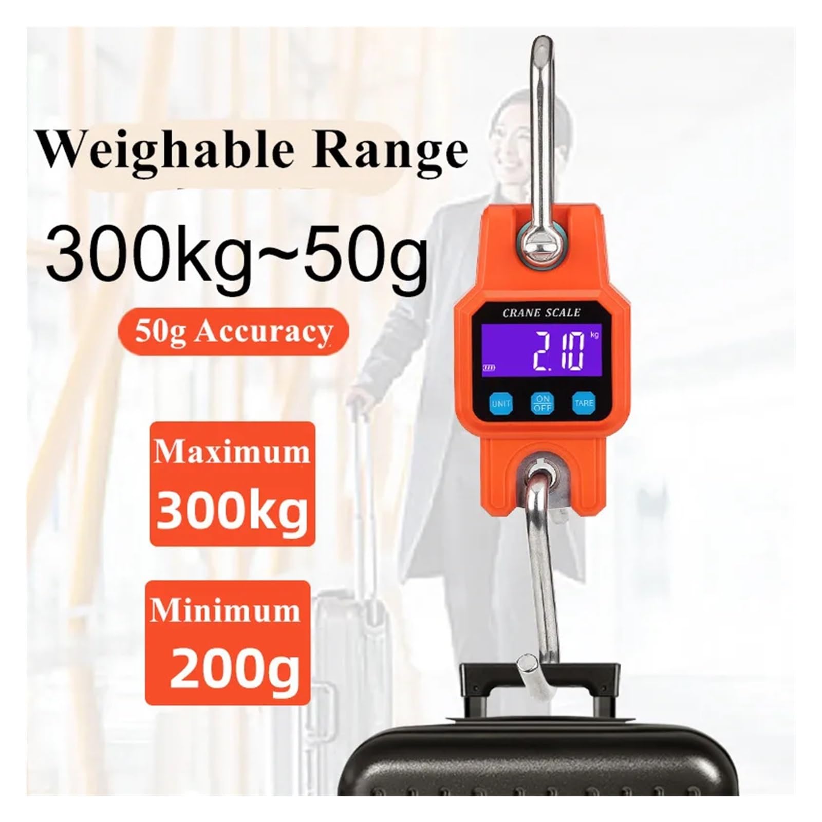 Báscula de grúa digital industrial Báscula de gancho industrial portátil recargable con Bluetooth de 300 kg/50 g, de acero inoxidable, con USB 4.0 BT Para granjas, ganado, fábricas y construcción(Blac