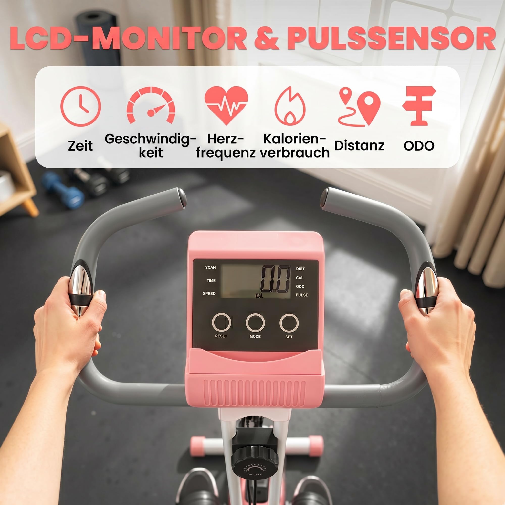 HOMCOM Vélo d'Appartement Pliable 4-en-1 - Ergomètre Magnétique Silencieux avec Cordes de Résistance - Sport Maison et Cardio-training avec Roulettes, Selle Confort et LCD (Max 120kg)