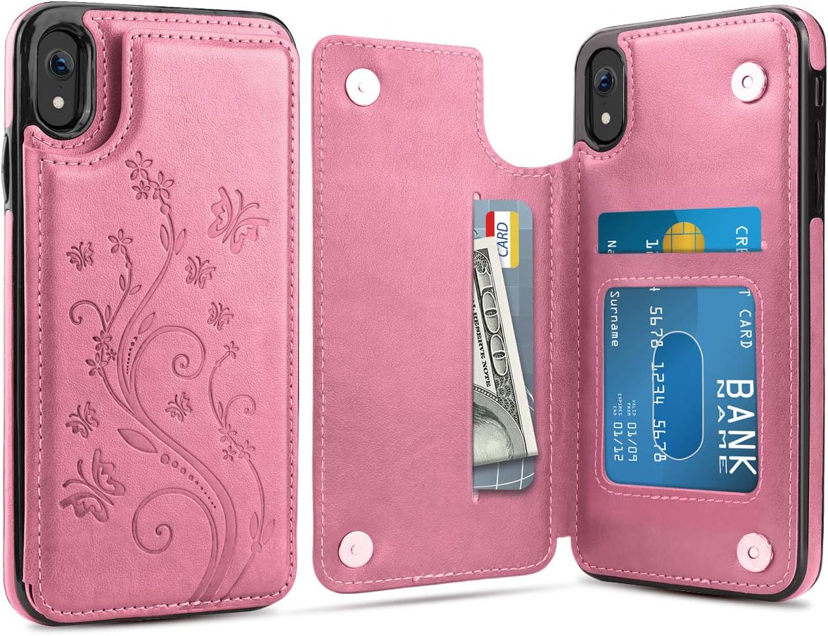 HianDier Wallet Case for iPhone XR, Slim Protective Case with Credit Card Slot Holder Flip Folio Soft PU Leather Magnetic Closure Cover Case Compatible with iPhone XR 6.1 inches (2018), Pink