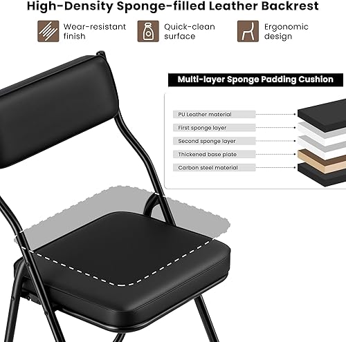 Miniatura 4 de Paquete de 4 sillas plegables acolchadas con cojín y respaldo de piel sintética, silla de comedor plegable tapizada con marco de metal para fiestas