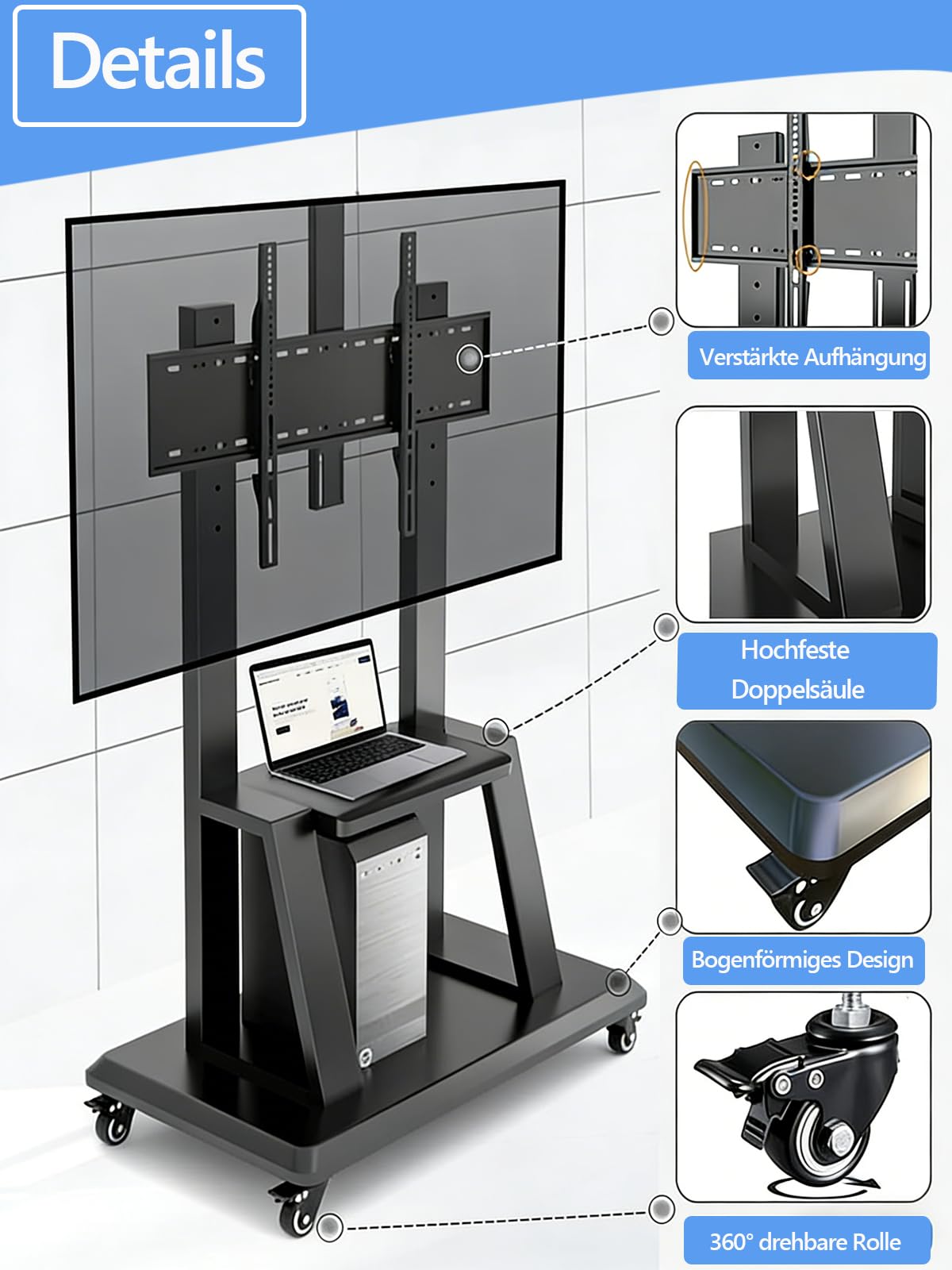Hellsehen Mobiler TV-Ständer, rollbarer TV-Wagen auf Rädern, höhenverstellbar, robuster Bodenständer für 32-75 Zoll LCD-, LED-OLED-Flachbildschirme, Smartboard, beweglich