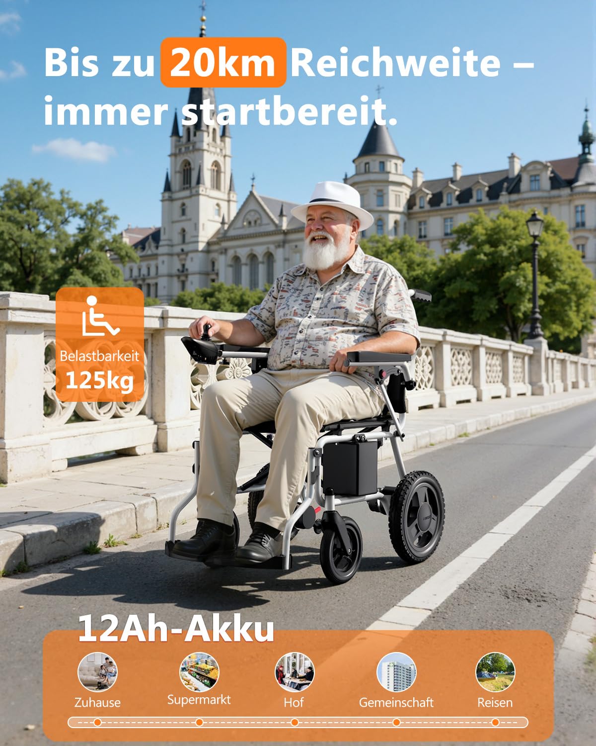 Elektrischer Rollstuhl mit 20km Reichweite,16.8kg Rollstuhl Elektrisch Faltbar Schmal Rollstuhl für Wohnung & Reisen, 125kg Tragkraft für jedes Gelände geeignet